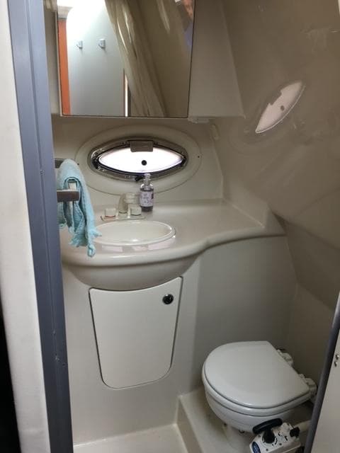 2010 Bayliner 335 boat bathroom with sink, mirror, and toilet.