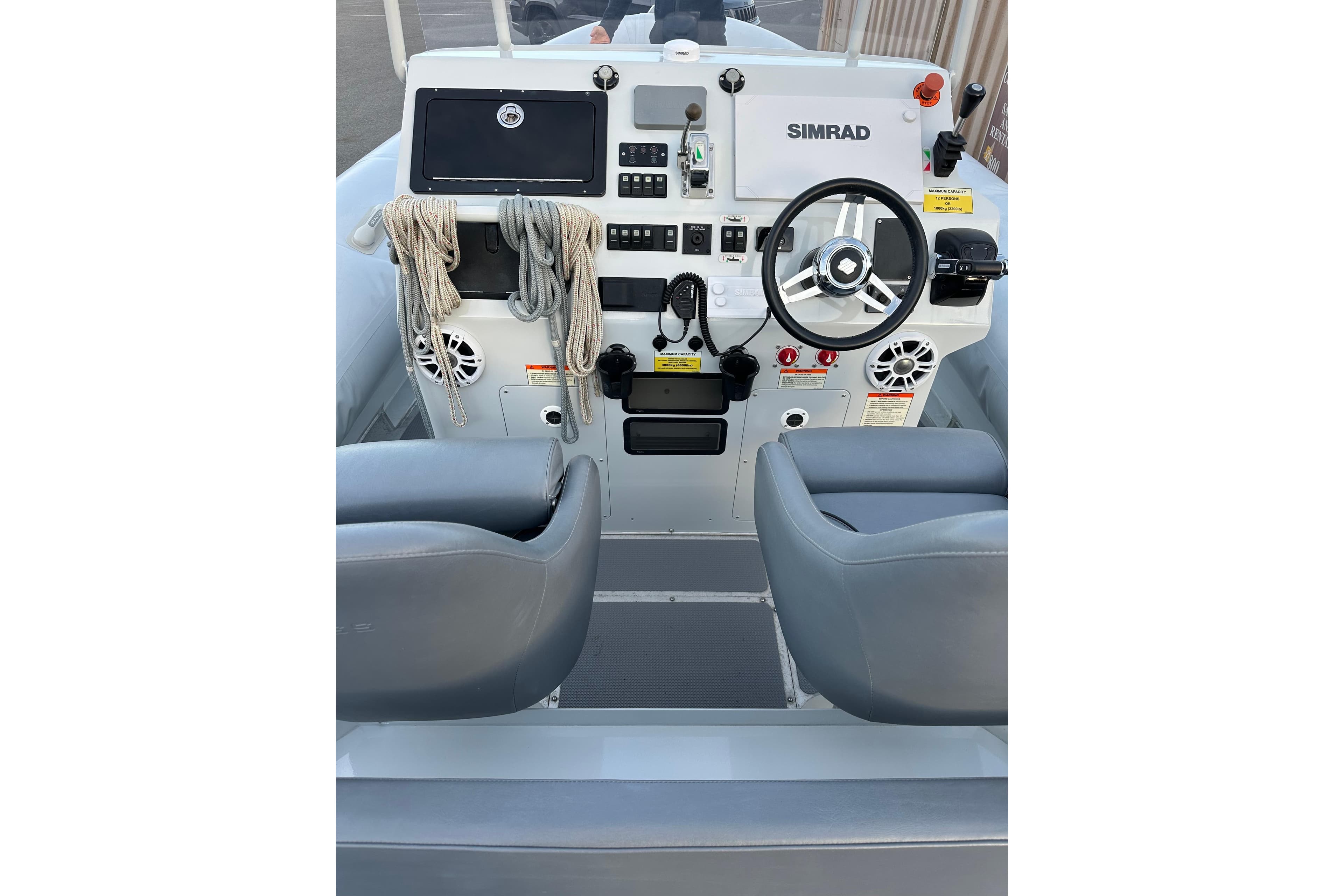 2020 Sealegs 9m Amphibious RIB dashboard with steering wheel and navigation equipment.