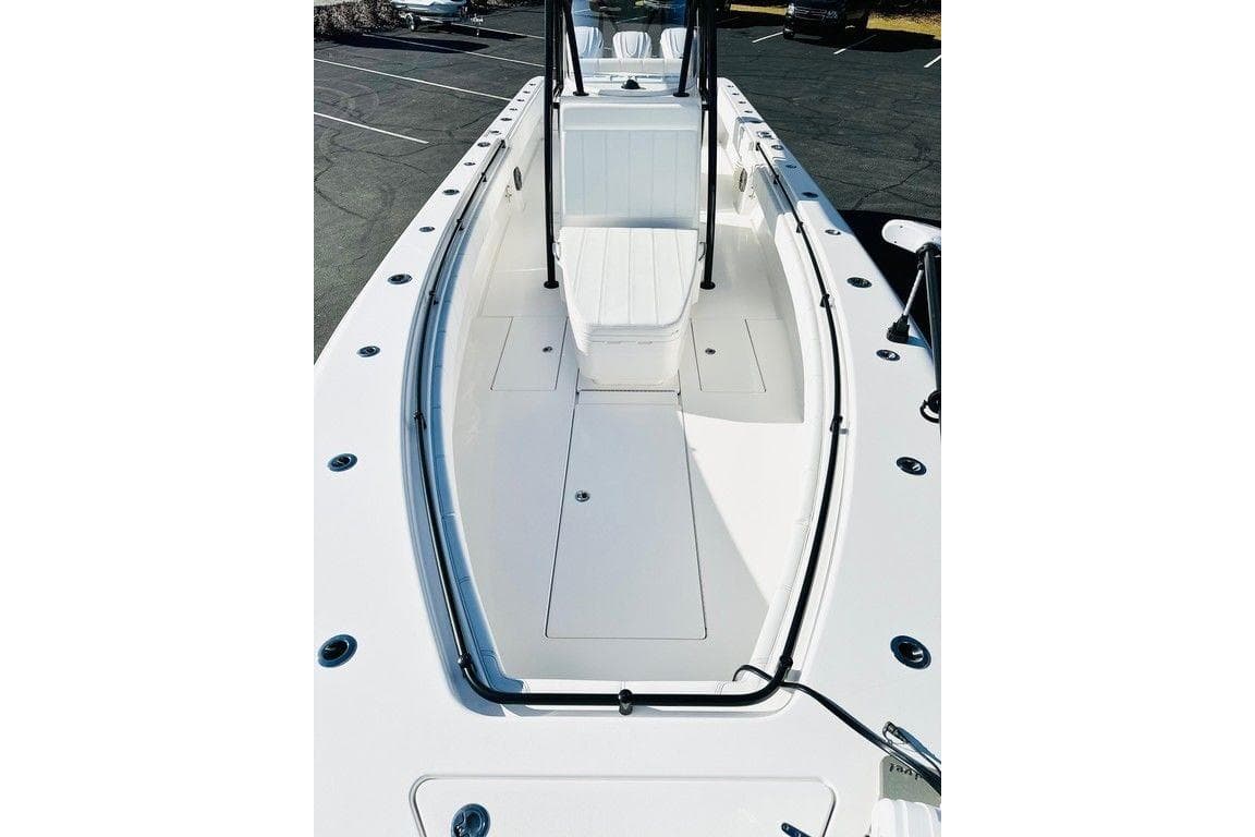 2025 Contender 35 ST boat, sleek white deck, spacious layout, modern design.