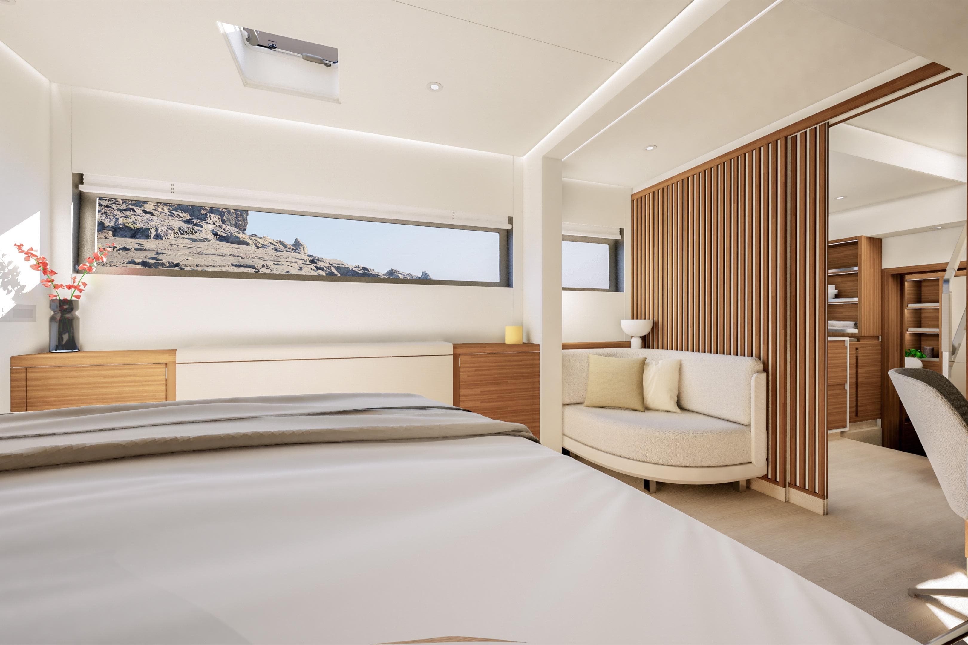 Luxurious interior of 2027 Fountaine Pajot FPY 70S yacht with modern design and scenic window view.