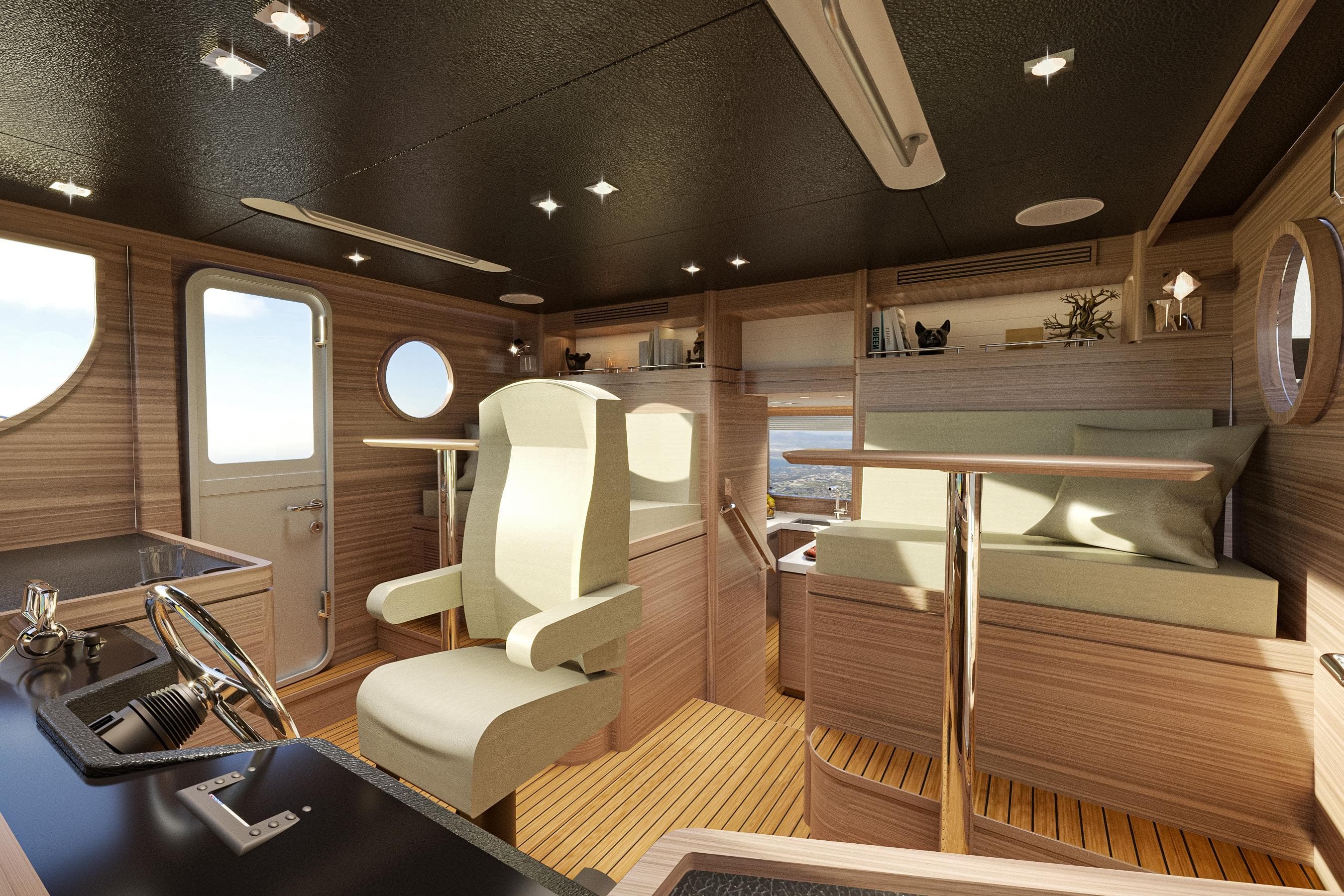 Luxurious interior of 2026 Nordhavn 46 yacht with modern seating and wooden accents.