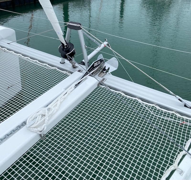 2023 Lagoon 40 catamaran with net deck and rope fittings.