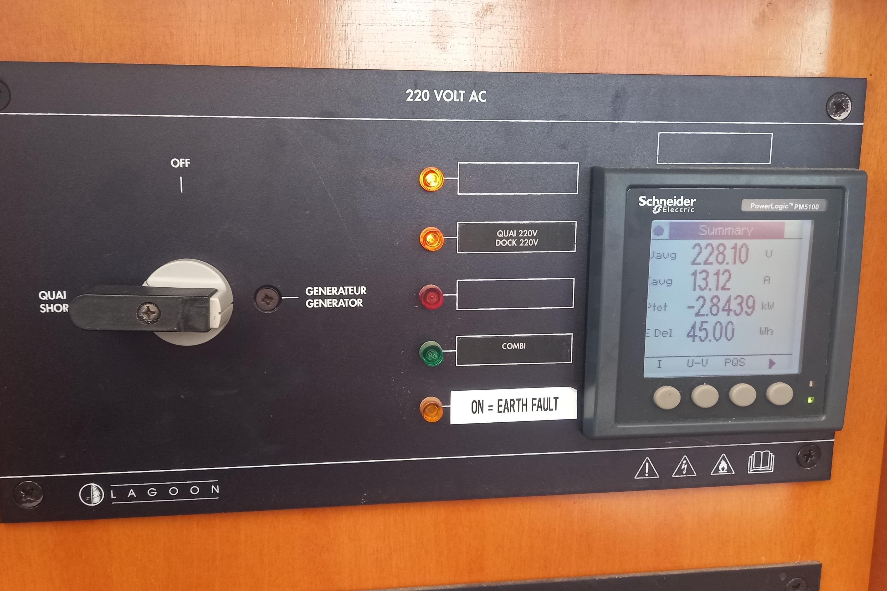 Electrical control panel of a 2002 Lagoon 470 yacht with Schneider Electric display.