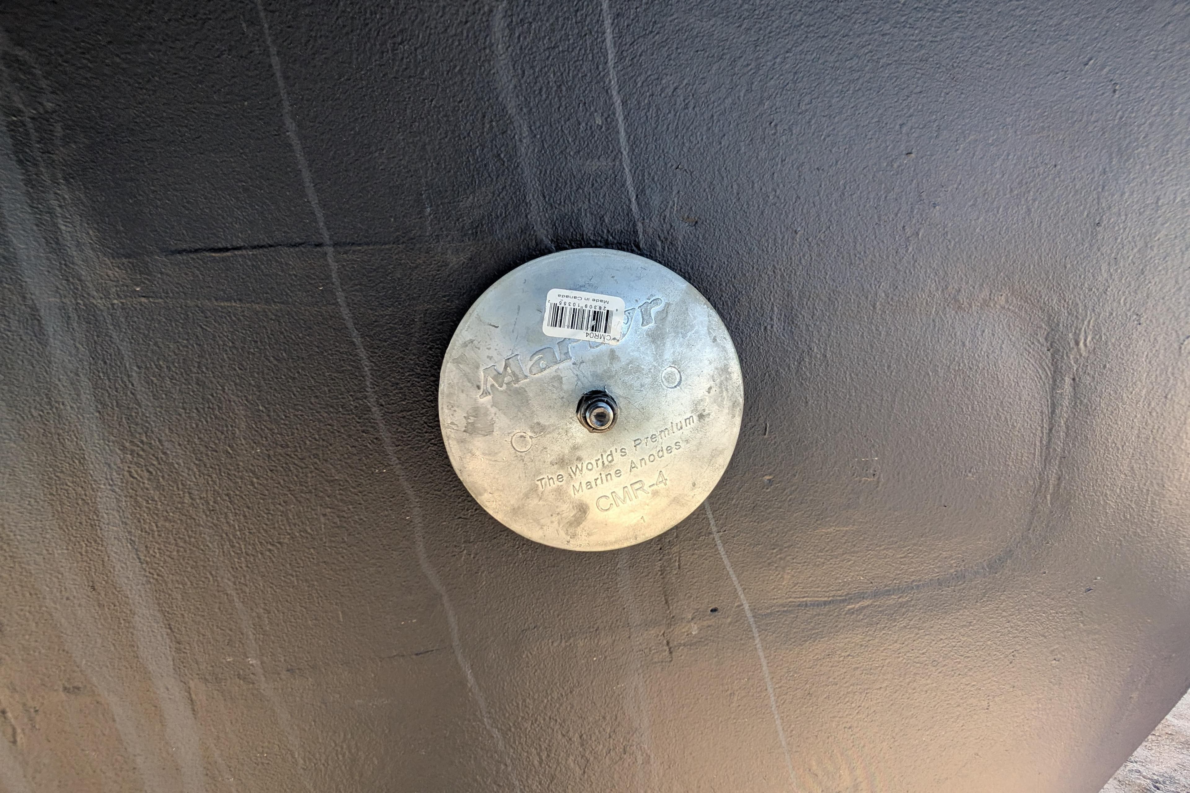 Steel hull of 1992 Bruce Bingham Custom 47 with marine anode attached.