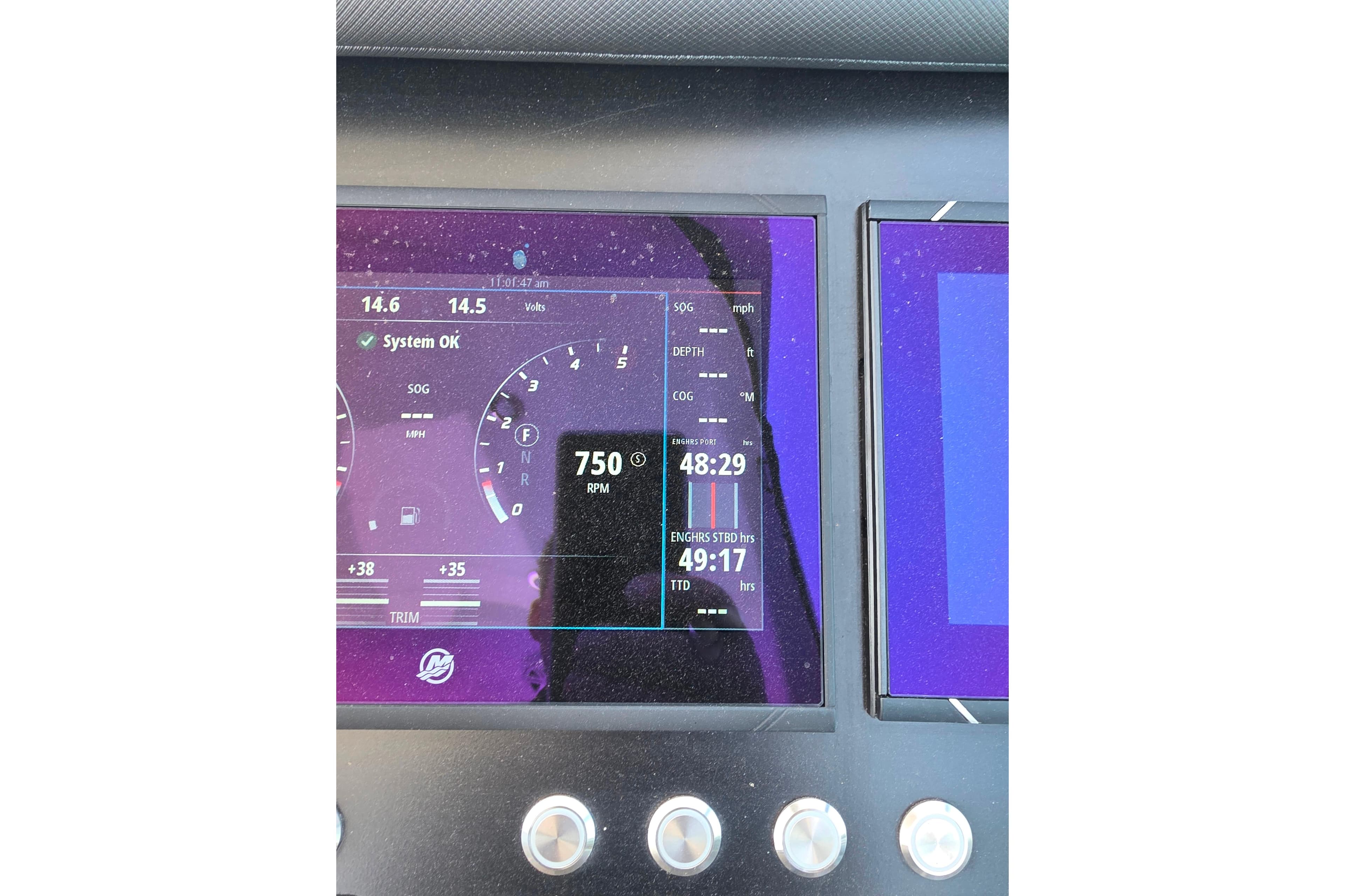 Dashboard of 2023 Monterey 378SS Super Sport showing RPM and system status.
