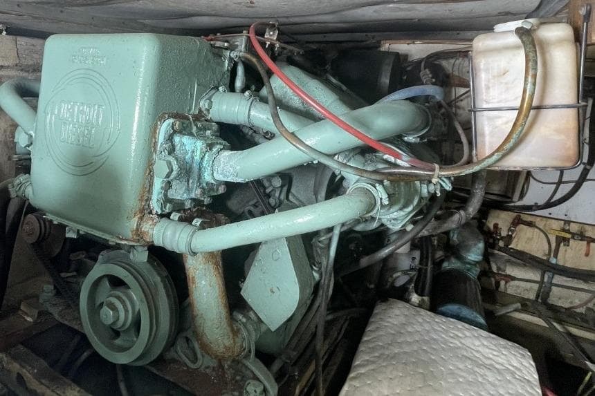 1969 Chris-Craft 47 Commander engine compartment with Detroit Diesel engine.