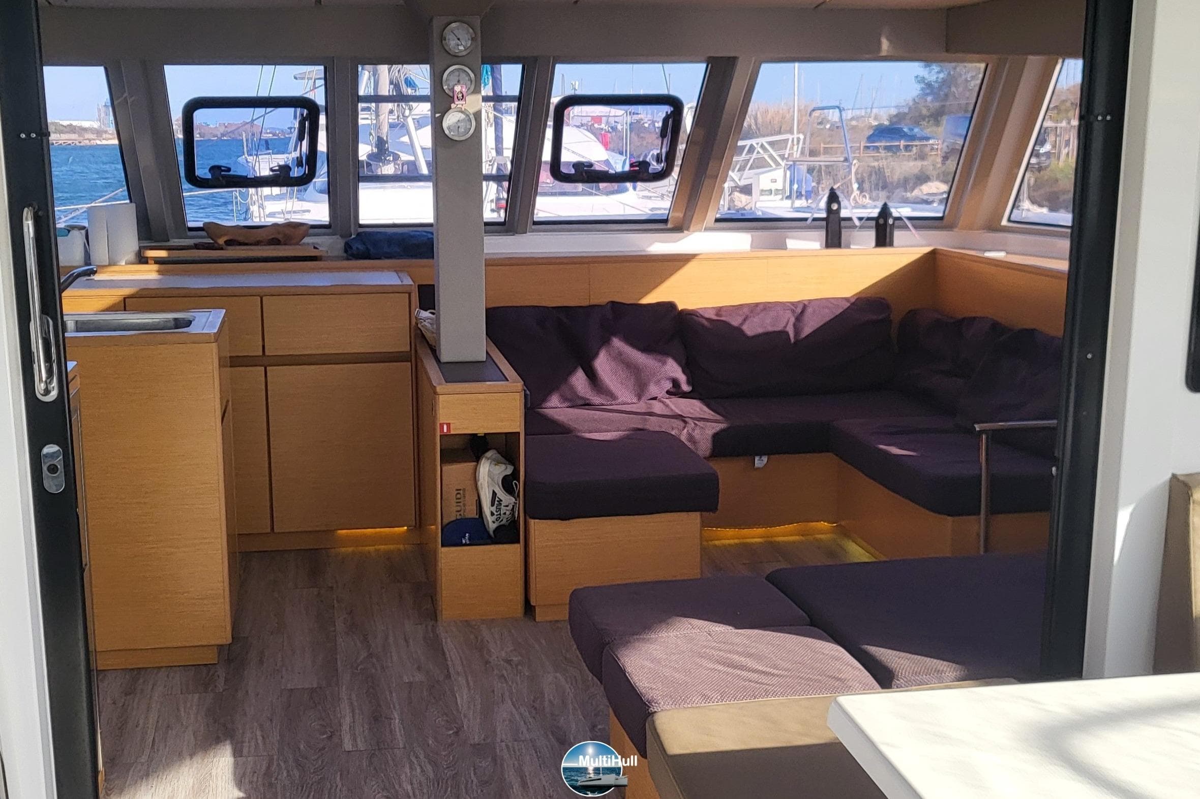 Interior of 2018 Nautitech 46 Open catamaran with cozy seating and modern design.