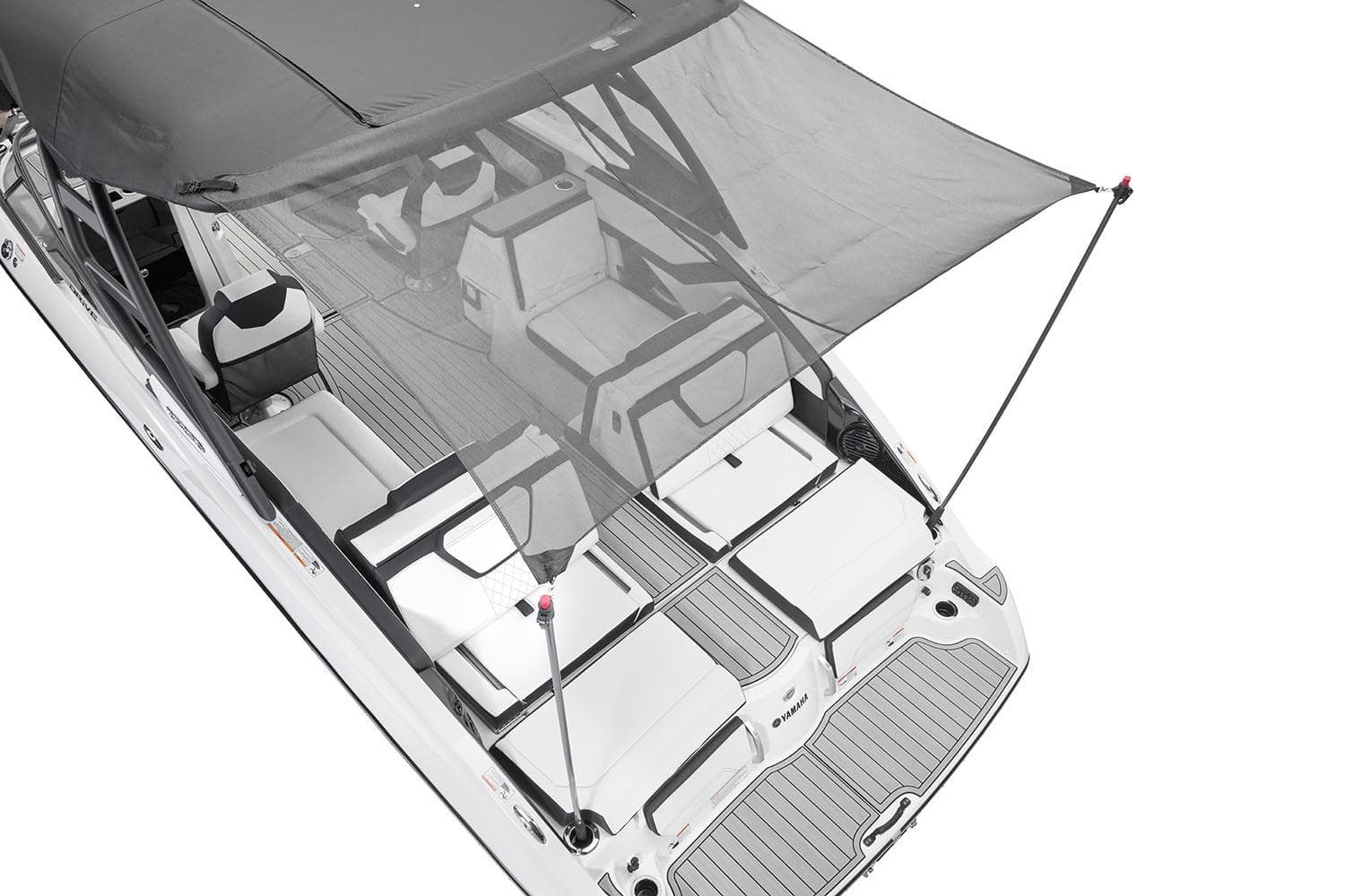 Manufacturer Provided Image: 2026 Yamaha Boats 252SE interior with canopy, showcasing seating and deck layout.