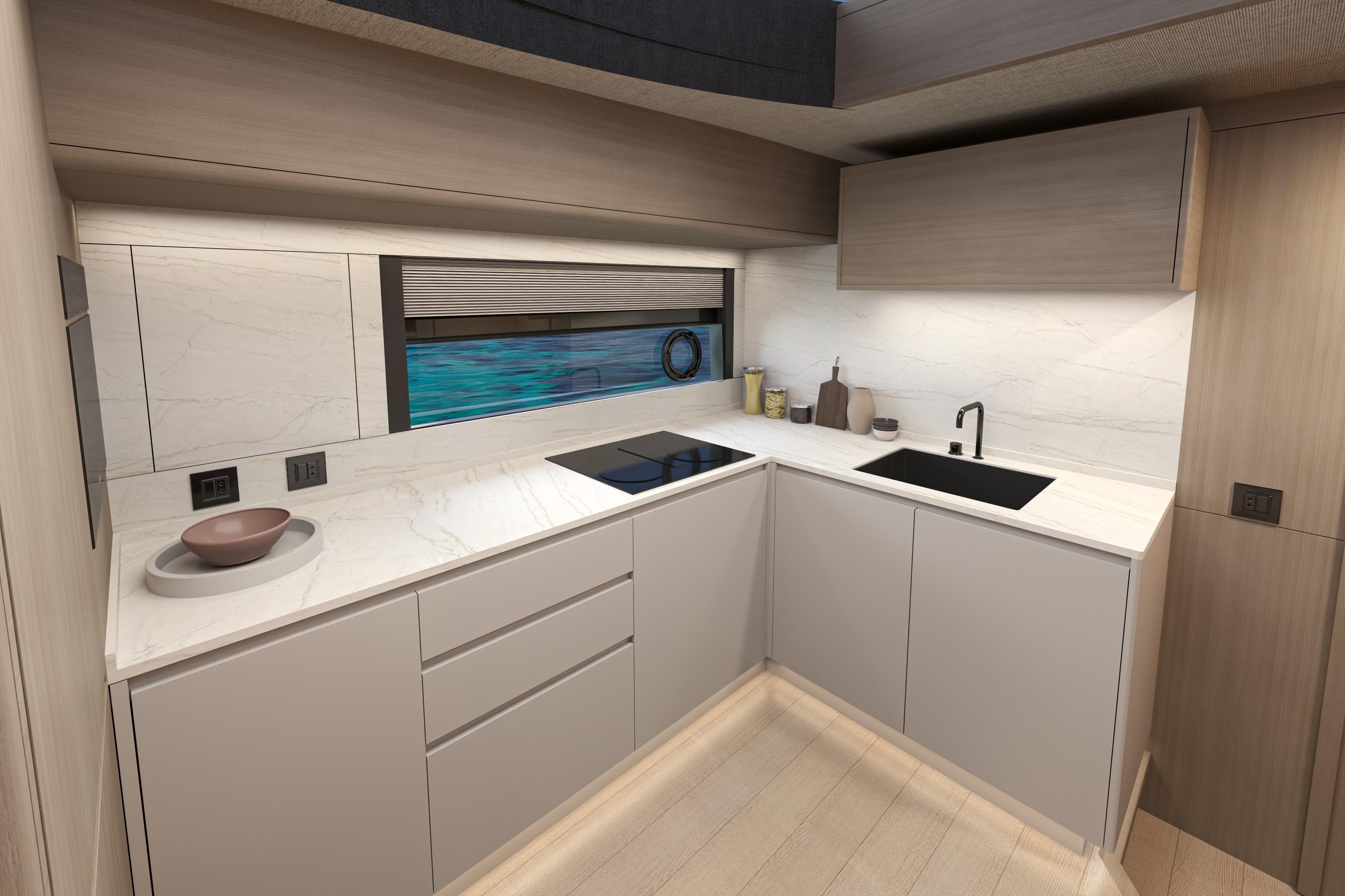 Modern kitchen interior of 2026 Pardo Yachts GT65, featuring sleek cabinetry and elegant design.
