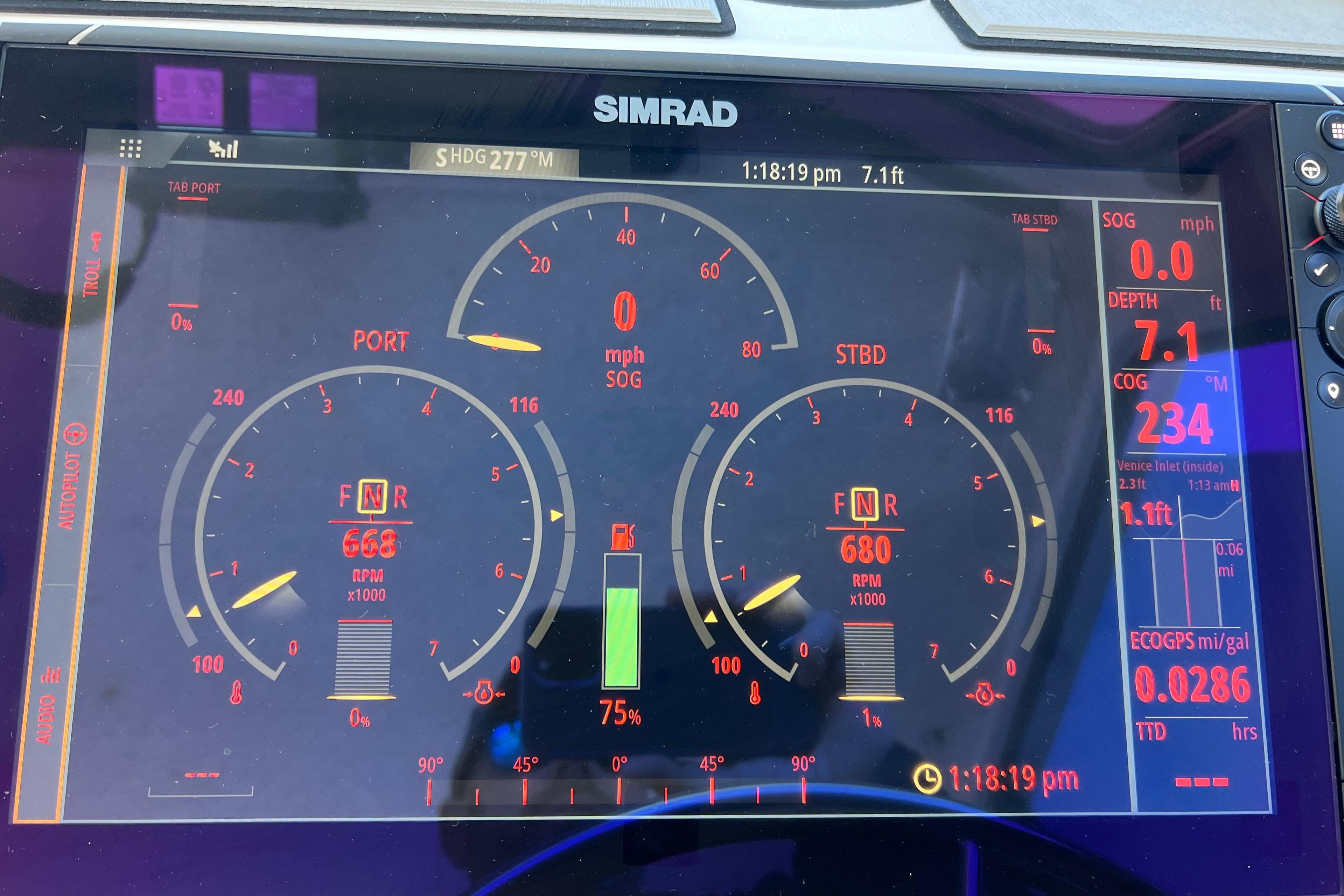 Simrad display on 2023 Parker 2820 XLD Sport Cabin showing engine and navigation data.