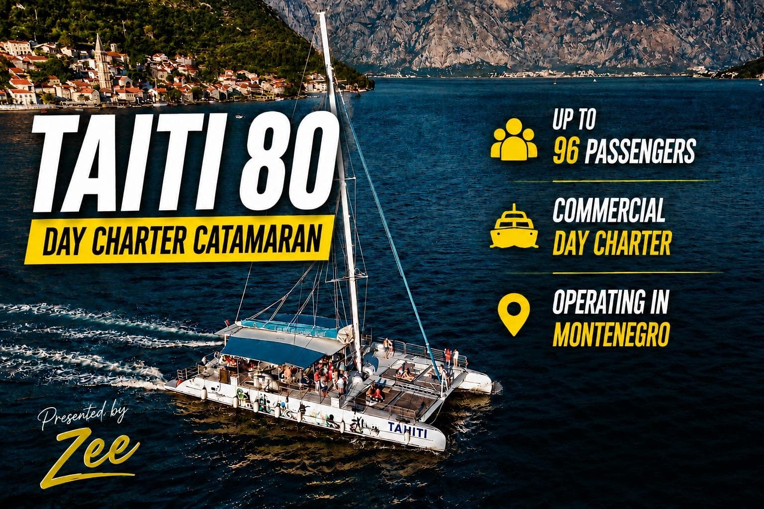 Catamaran Taiti 80 sailing in Montenegro, accommodates 96 passengers, commercial day charter.