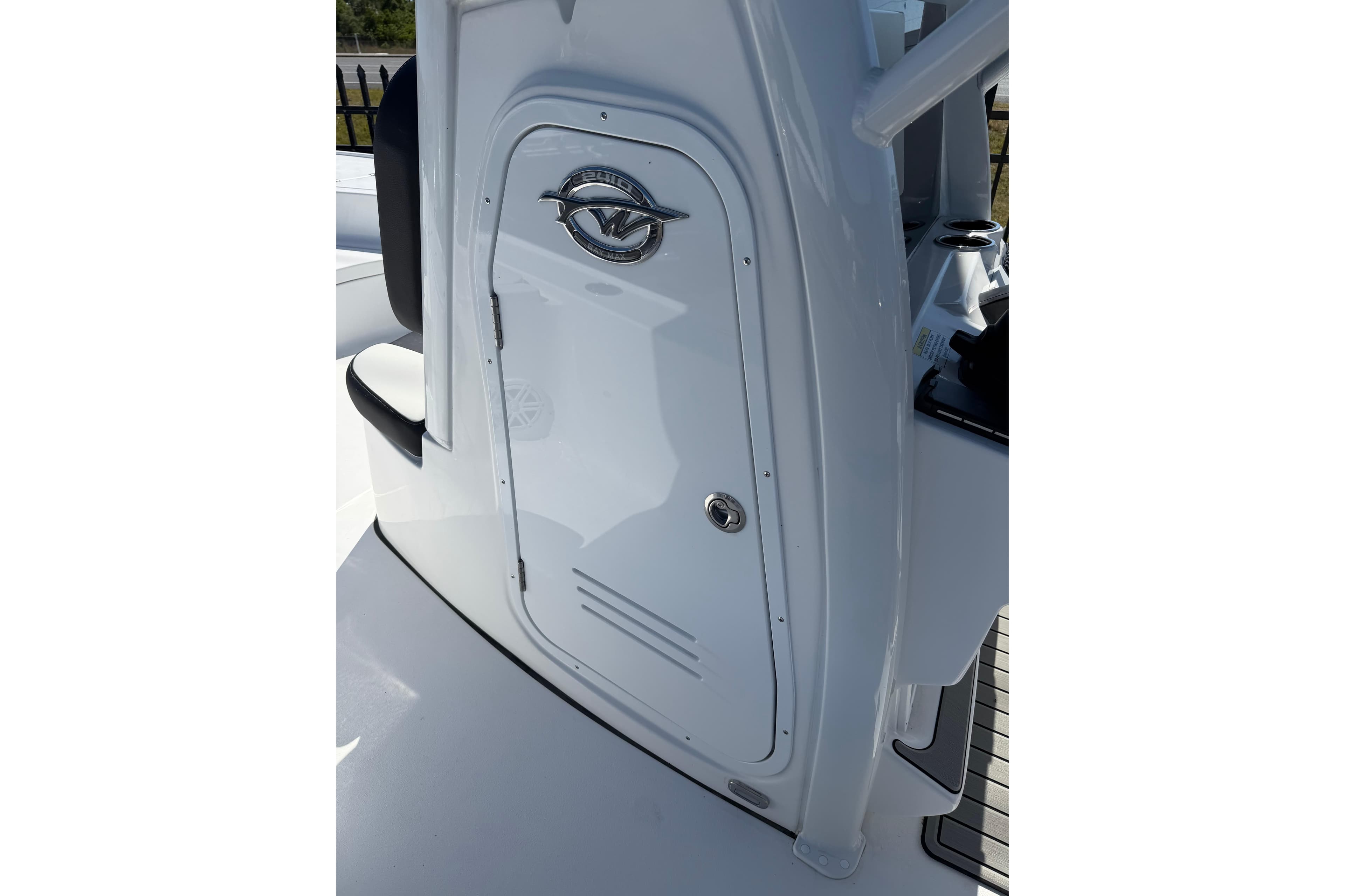 2026 Tidewater 2410 Bay Max boat console with storage compartment and sleek design.