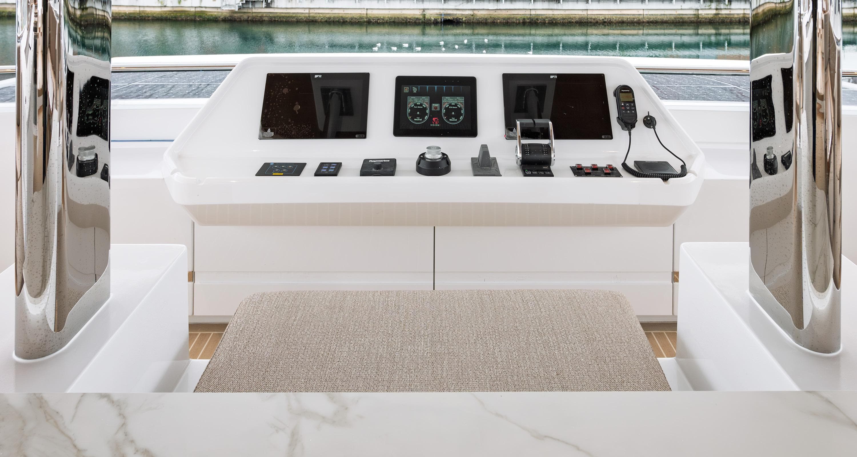 Control panel of VisionF E-Cat 80 yacht, 2025 model, featuring modern navigation equipment.