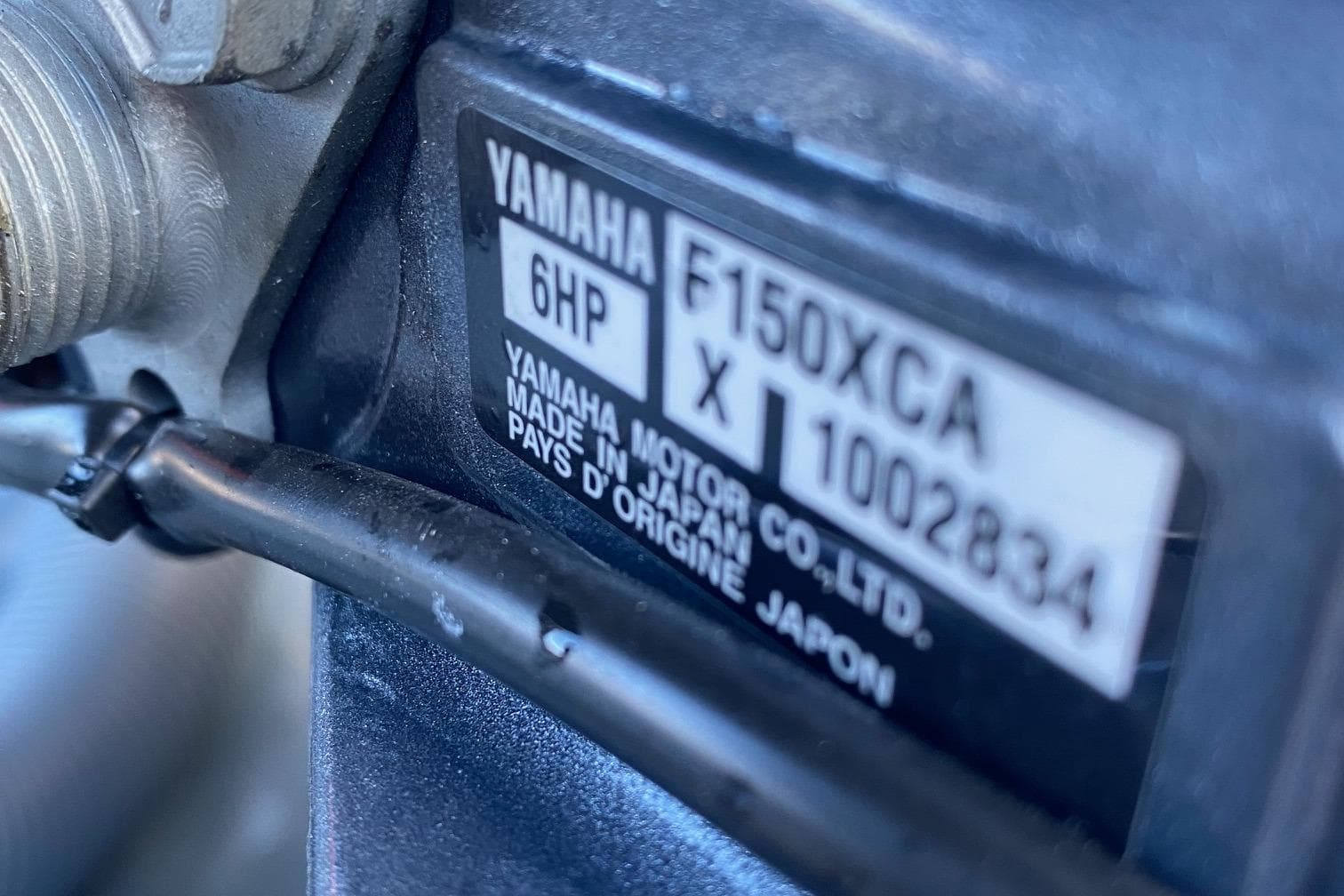 Close-up of Yamaha engine label on 2021 Zodiac Pro 750 boat.