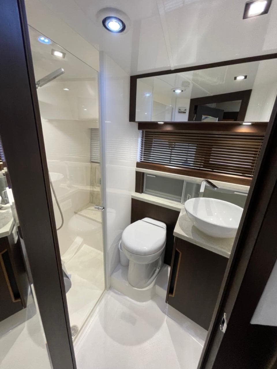Luxurious bathroom on Galeon 430 Skydeck yacht, year 2017.