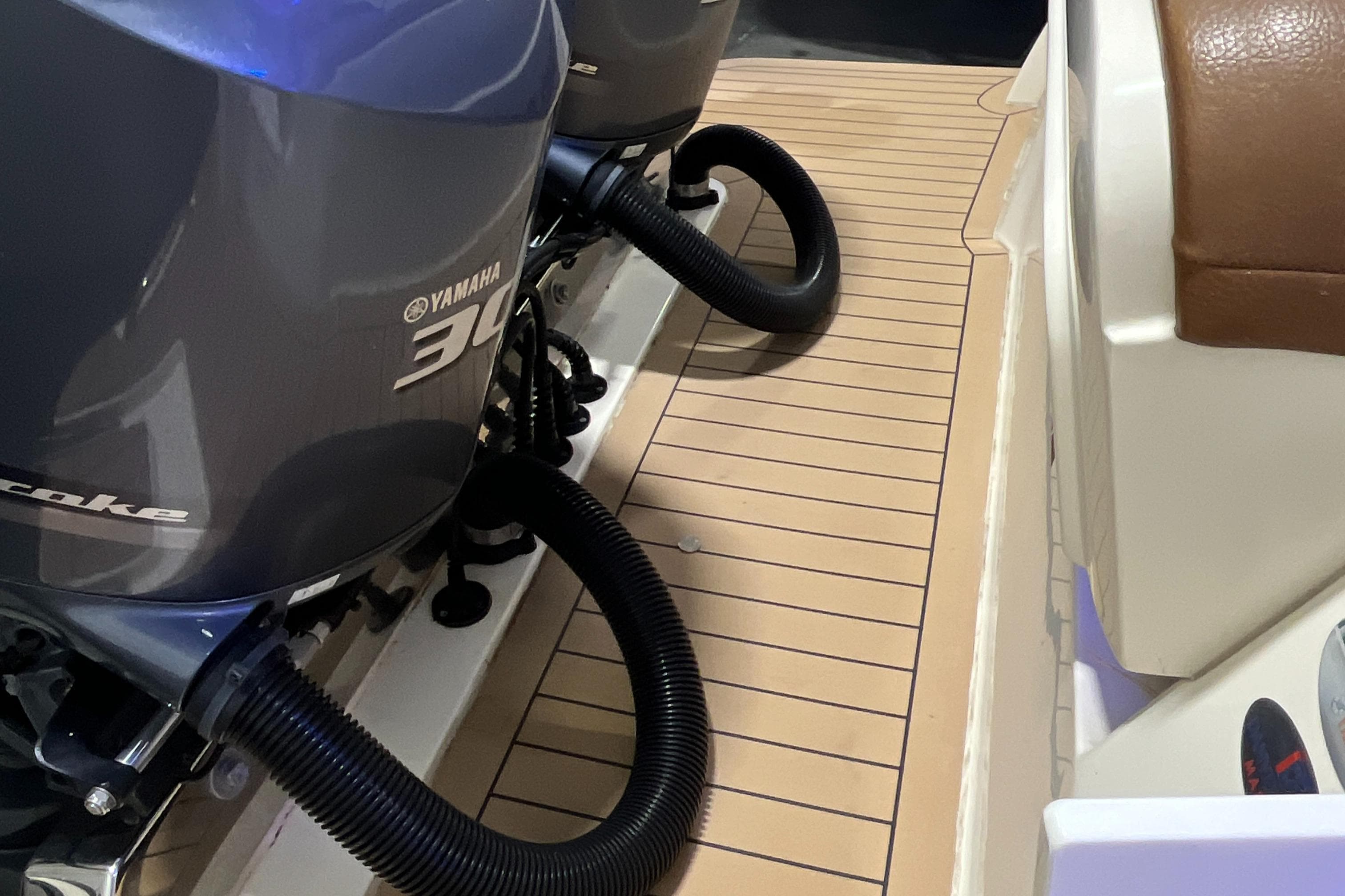 2021 Scout 305 LXF boat with Yamaha 300 outboard engines, teak deck.