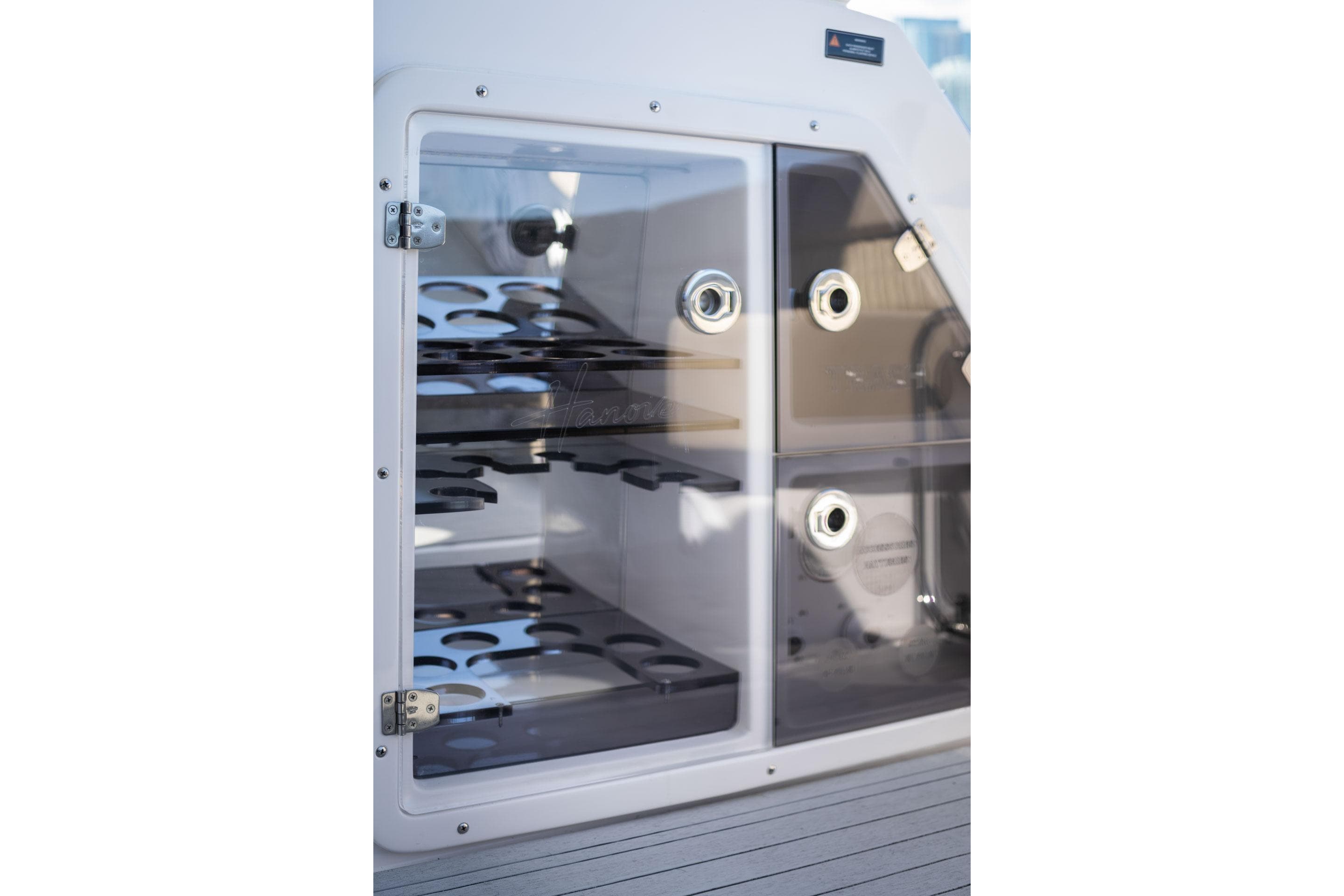 Modern Hanover 375 yacht interior with sleek storage compartments, 2026 model.