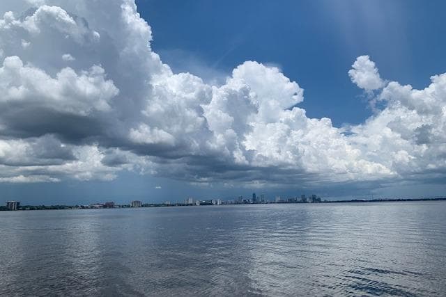 Expansive water view with cloudy sky, distant city skyline, Carver 350 Mariner 1997.