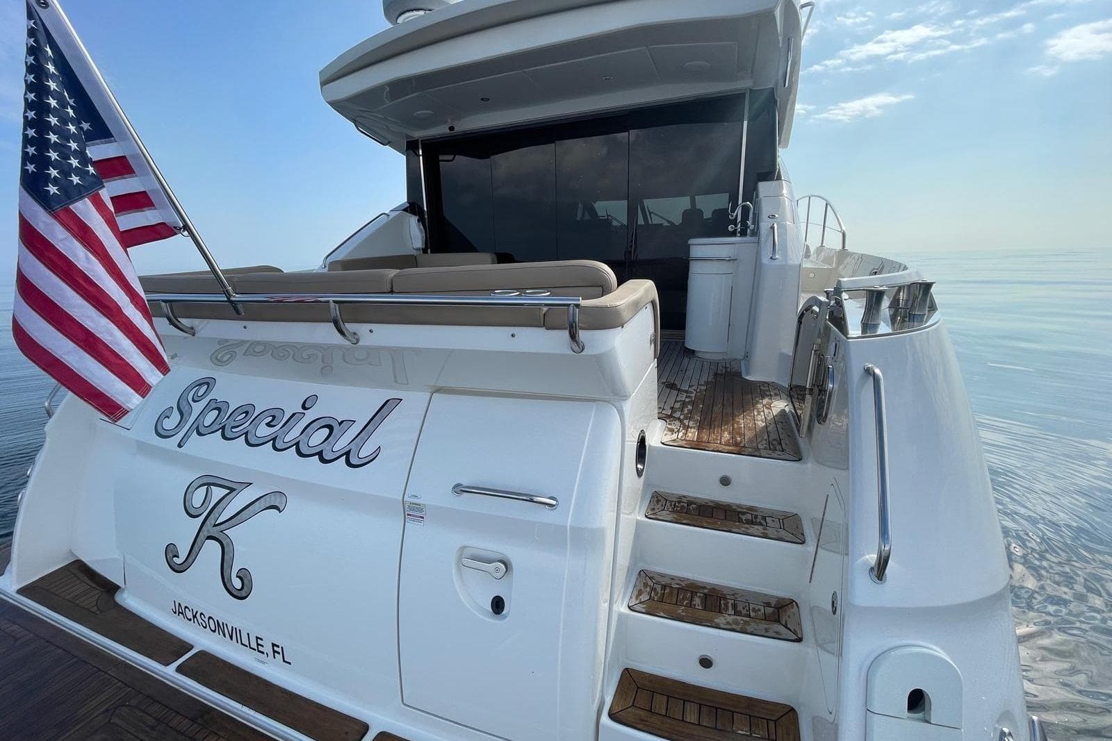 2016 Sea Ray L650 yacht "Special K" with American flag, docked in Jacksonville, FL.