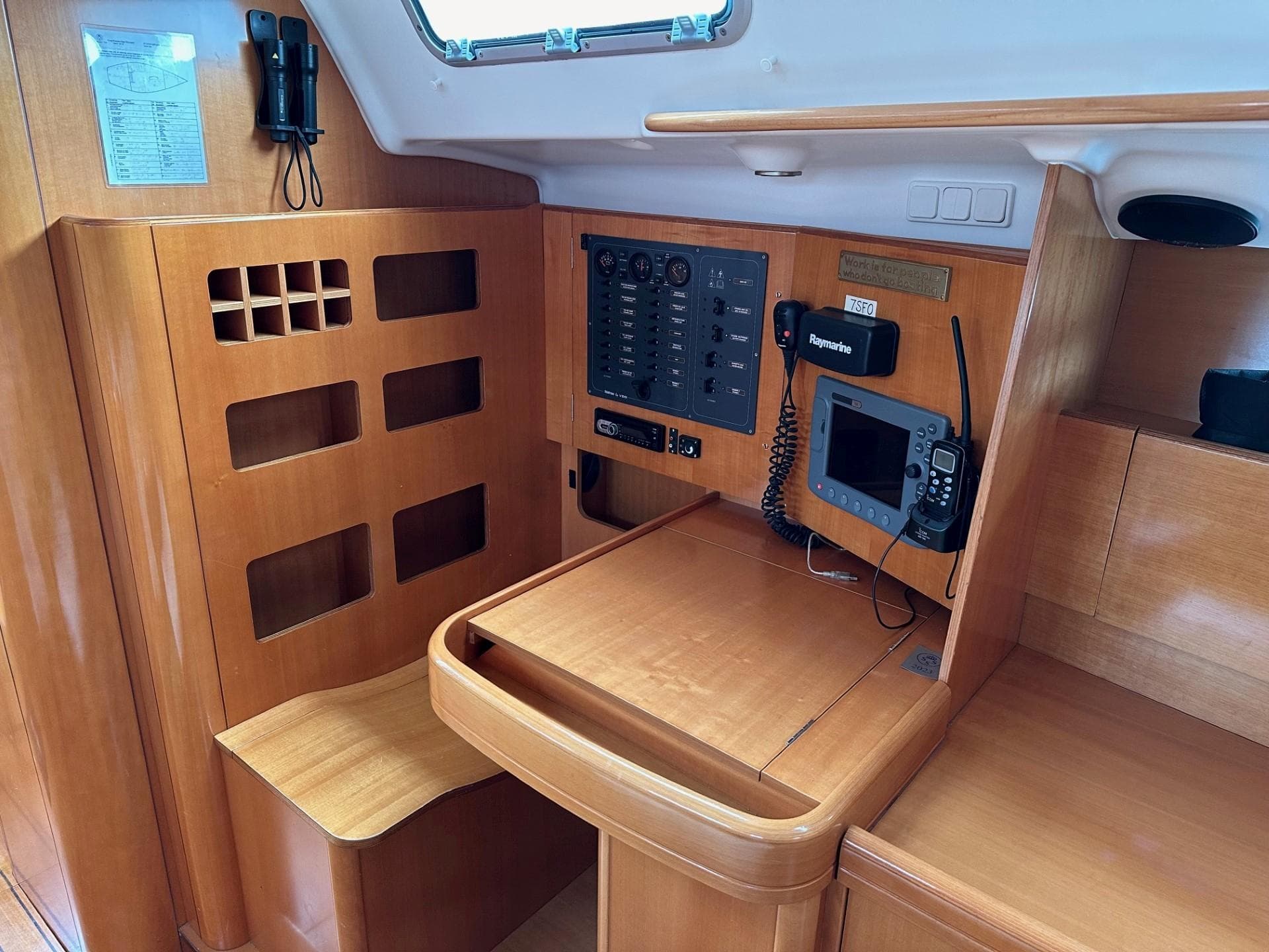 Navigation station of 2007 Beneteau First 44.7 yacht with control panel and equipment.