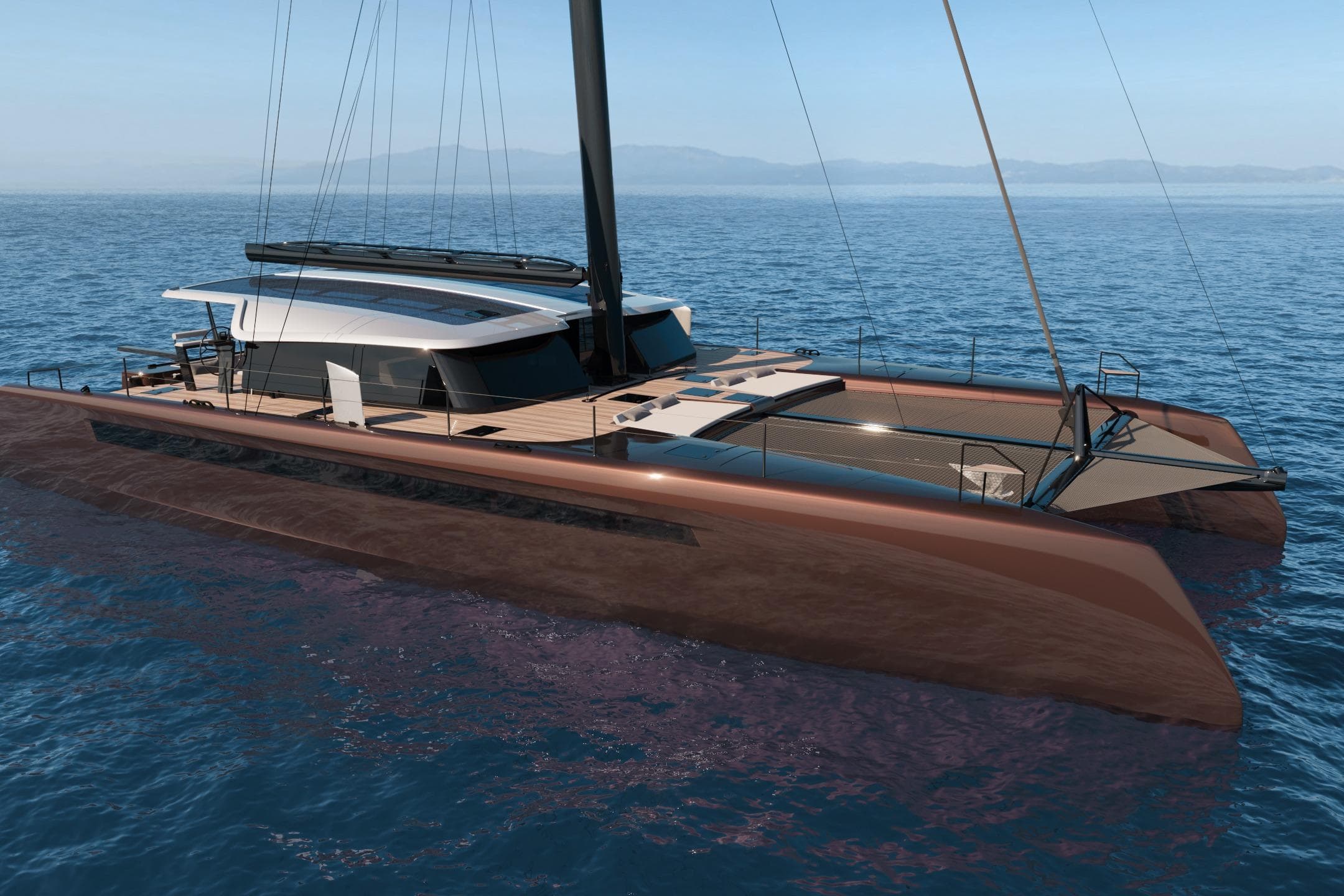 Luxury Black Pepper Code C.69 catamaran sailing on open sea, 2026 model.
