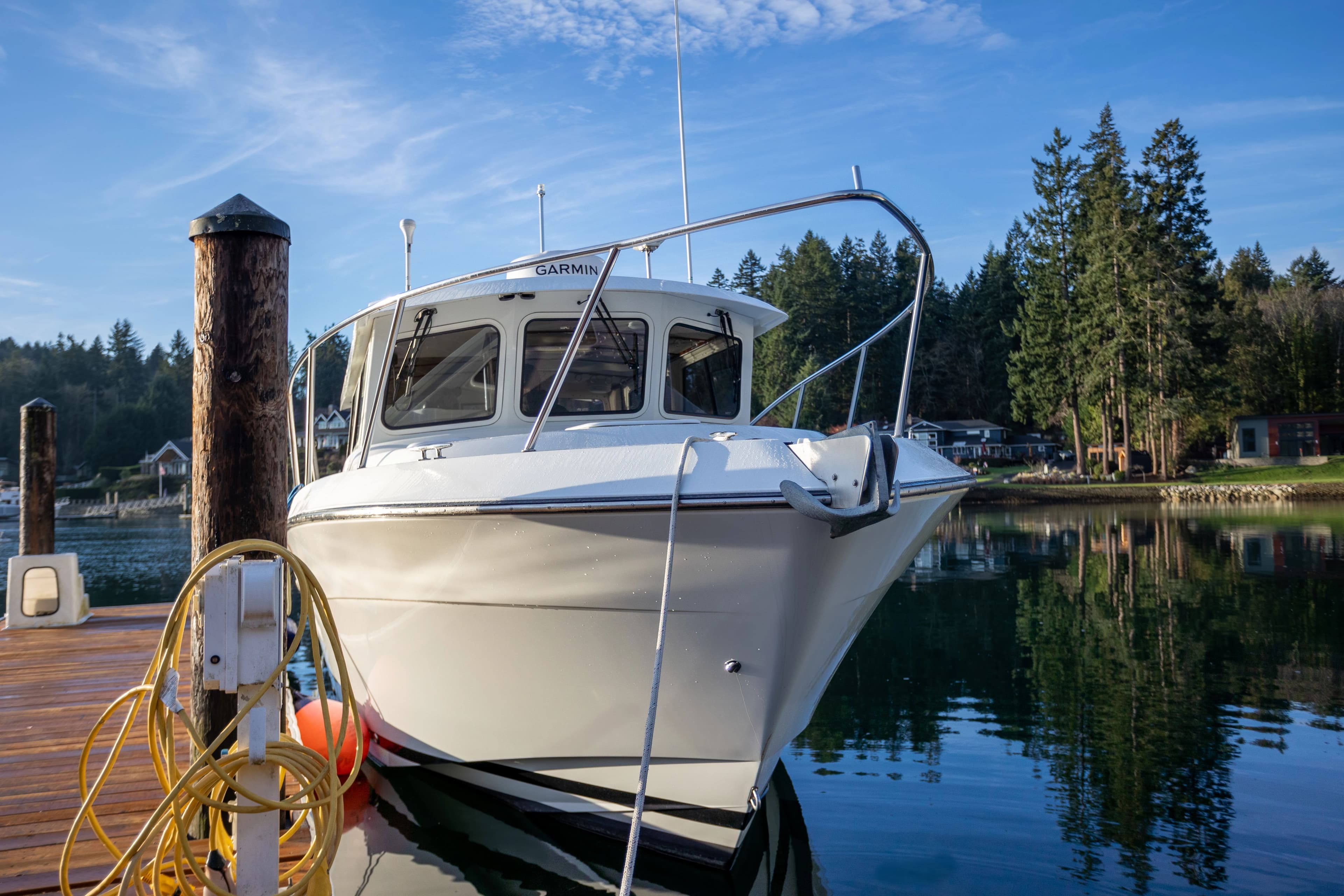 Ocean Sport Roamer 33 boat docked, 2013 model.