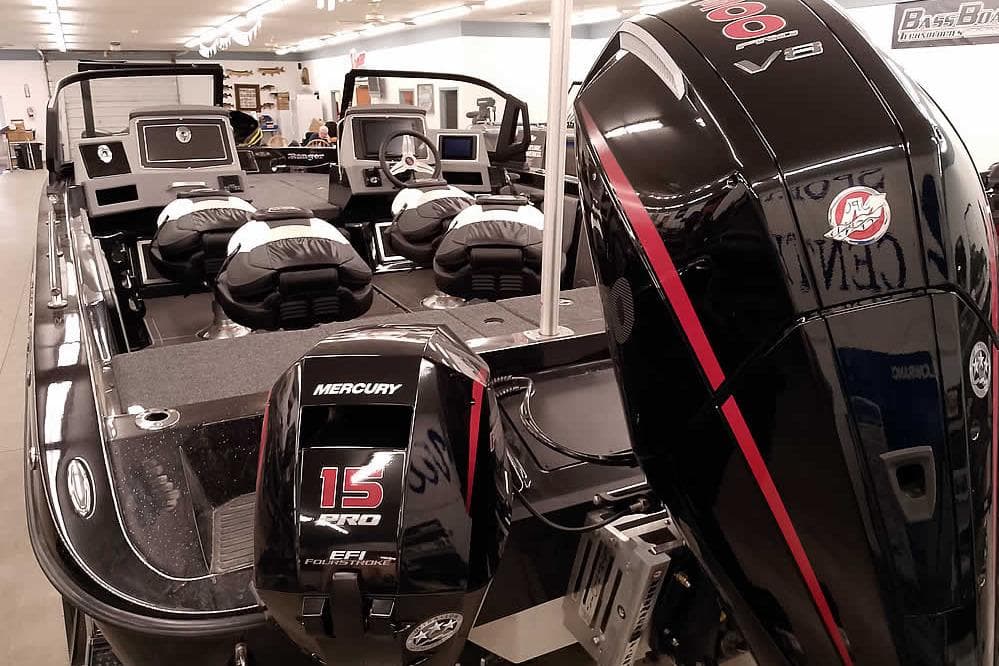 2026 Ranger 620xFS Pro boat with Mercury outboard engines in showroom.