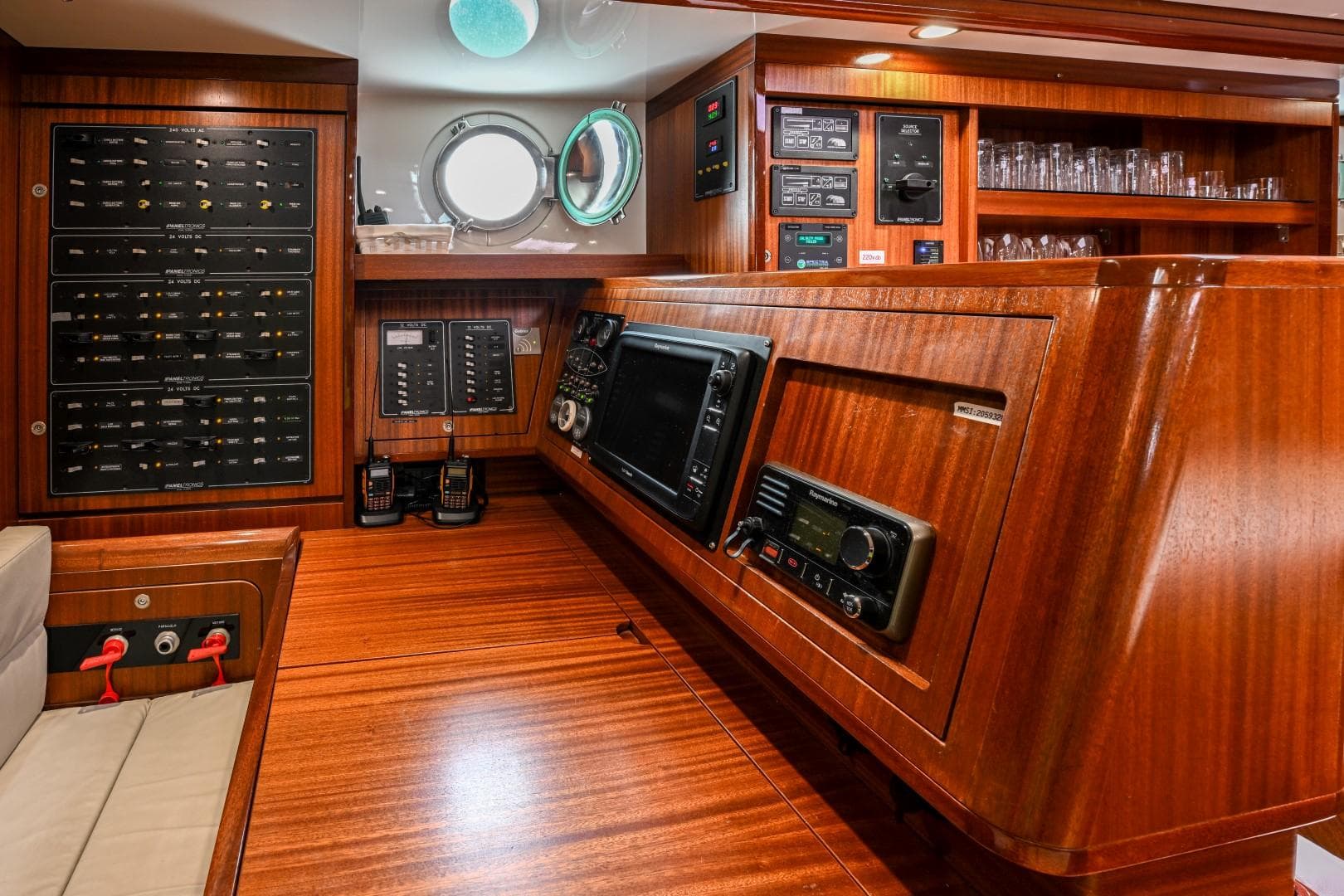 Interior of 1978 Schooner 22m Cantiere Stain with navigation equipment and wooden finish.