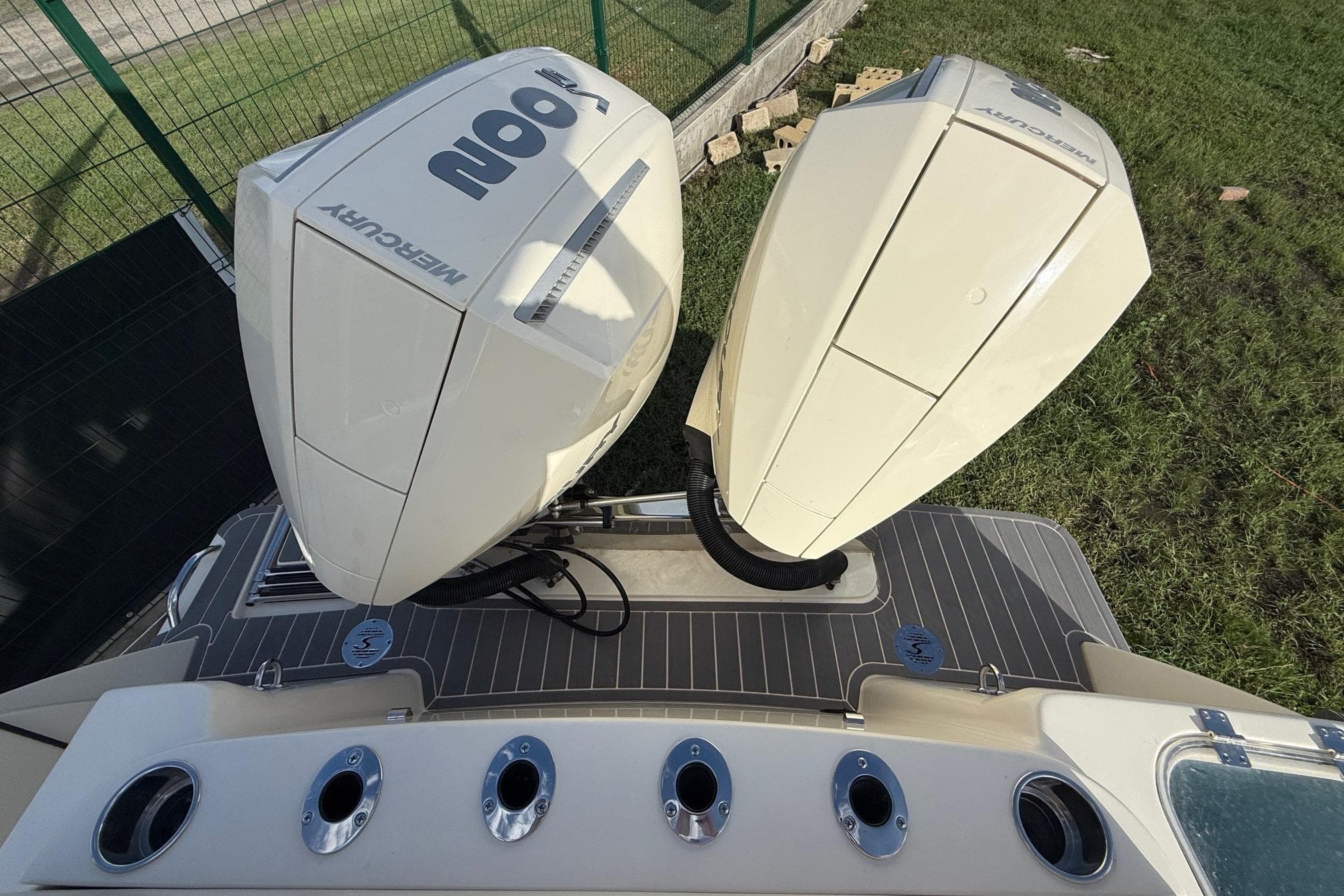2026 Scout 260 LXF boat with dual Mercury outboard engines, viewed from above.