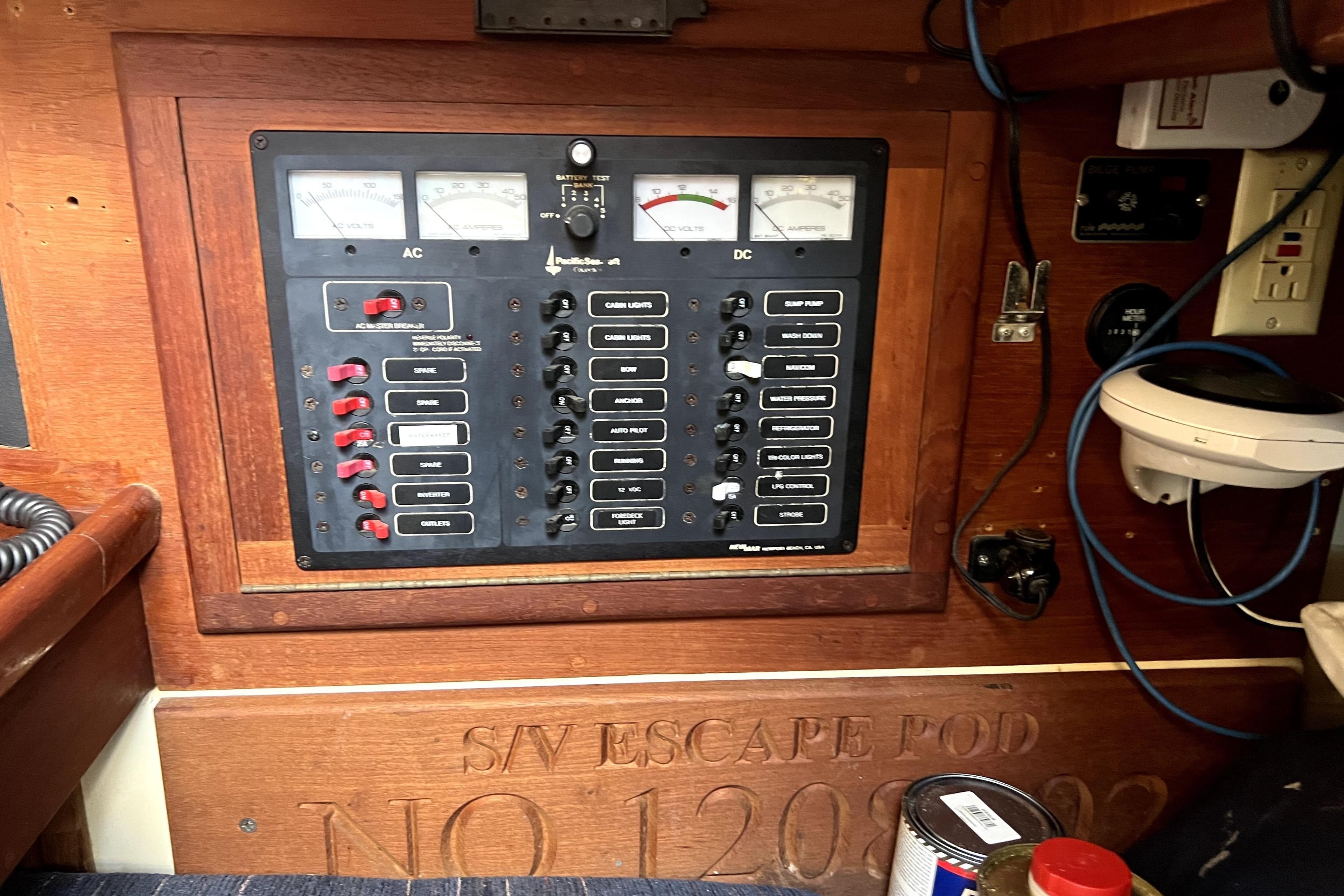 Electrical control panel on a 1993 Pacific Seacraft Crealock 34 sailboat.