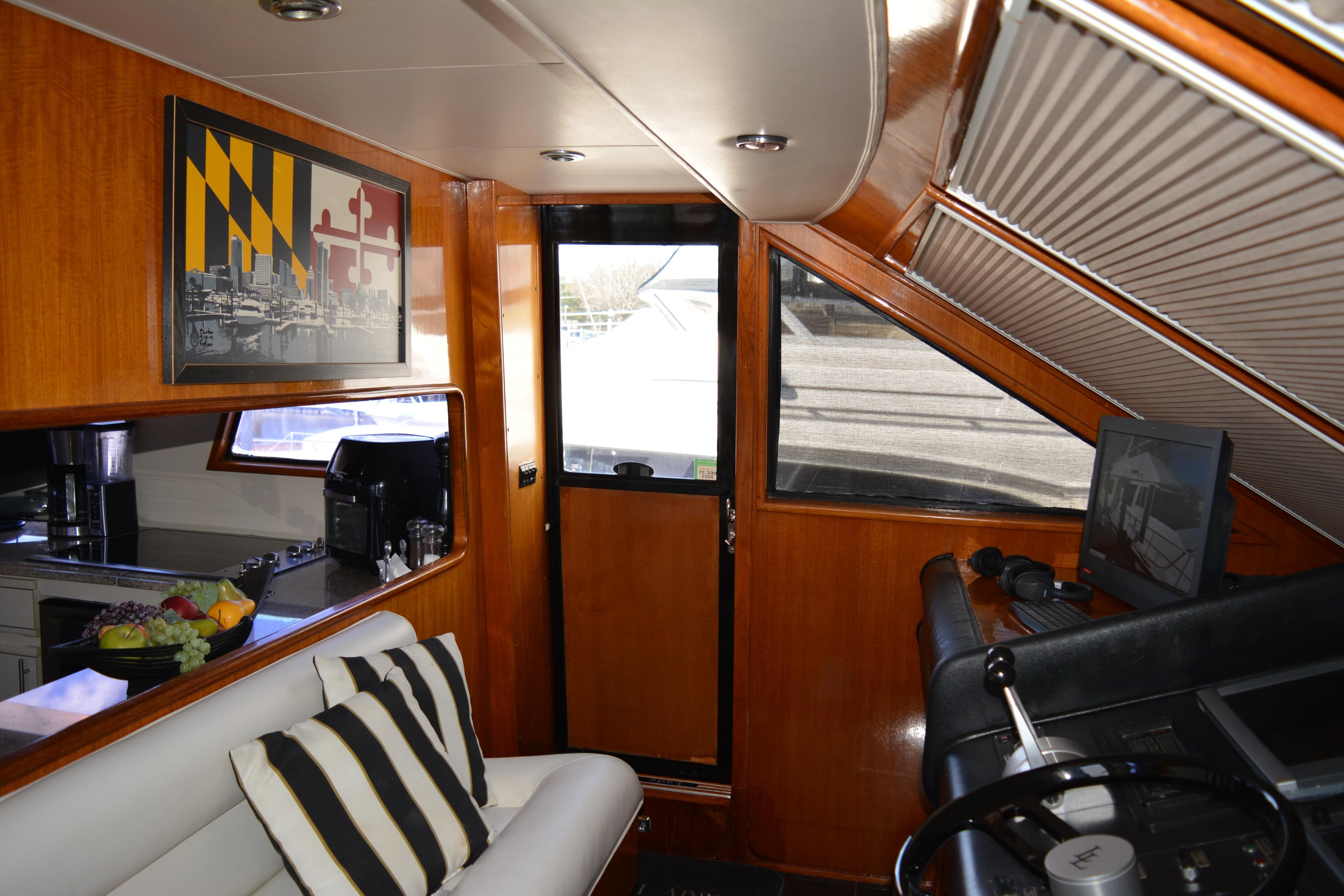 Interior of 1989 Viking Motor Yacht with modern decor and helm station.