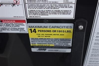 Capacity label on 2026 Princecraft Quorum 25 RL: 14 persons or 1915 lbs.