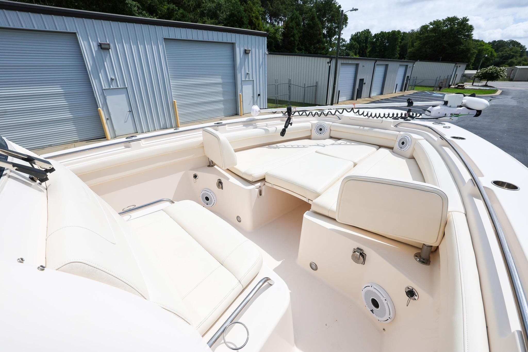 2020 Grady-White Canyon 336 boat interior with cushioned seating and storage compartments.