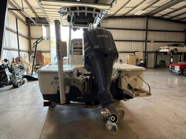 2017 Sea Fox 240 Viper boat with Yamaha 300 engine in warehouse.