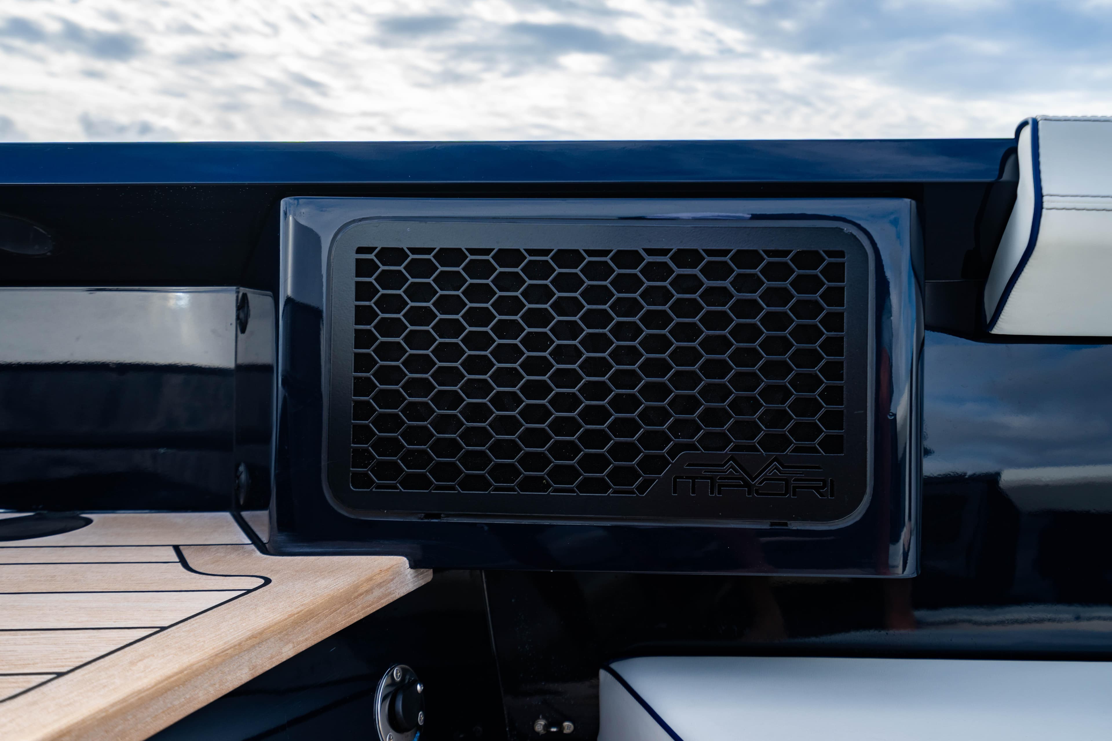 Maori 54 yacht detail, 2023 model, featuring sleek design and honeycomb vent.