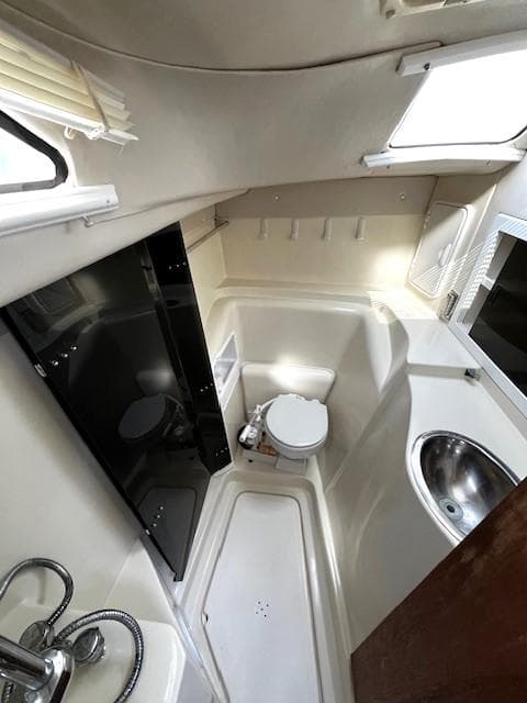 2010 Gemini 105Mc boat interior bathroom with toilet, sink, and shower area.