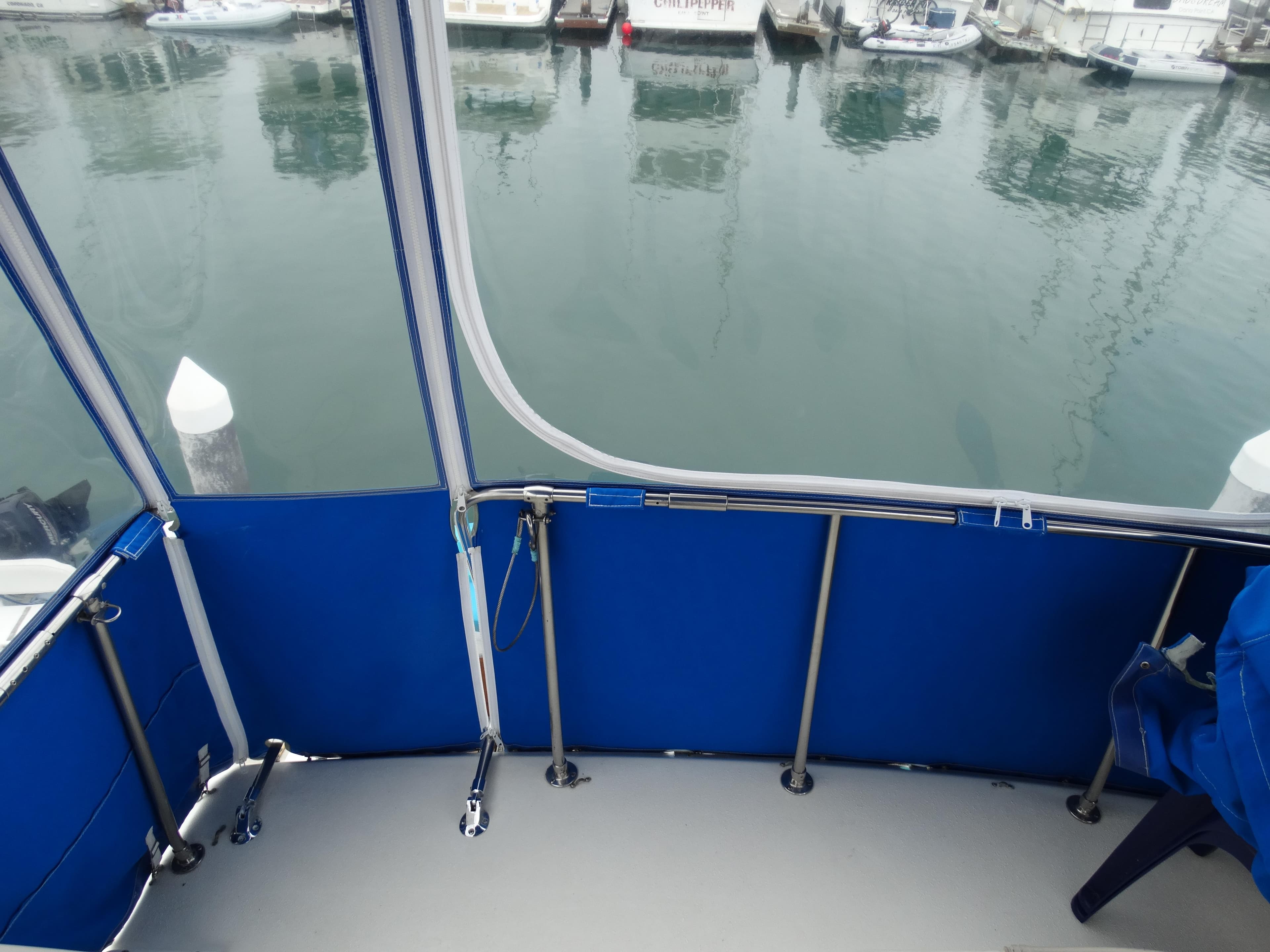 Interior view of 1991 Egg Harbor 33 Sedan yacht with blue trim.