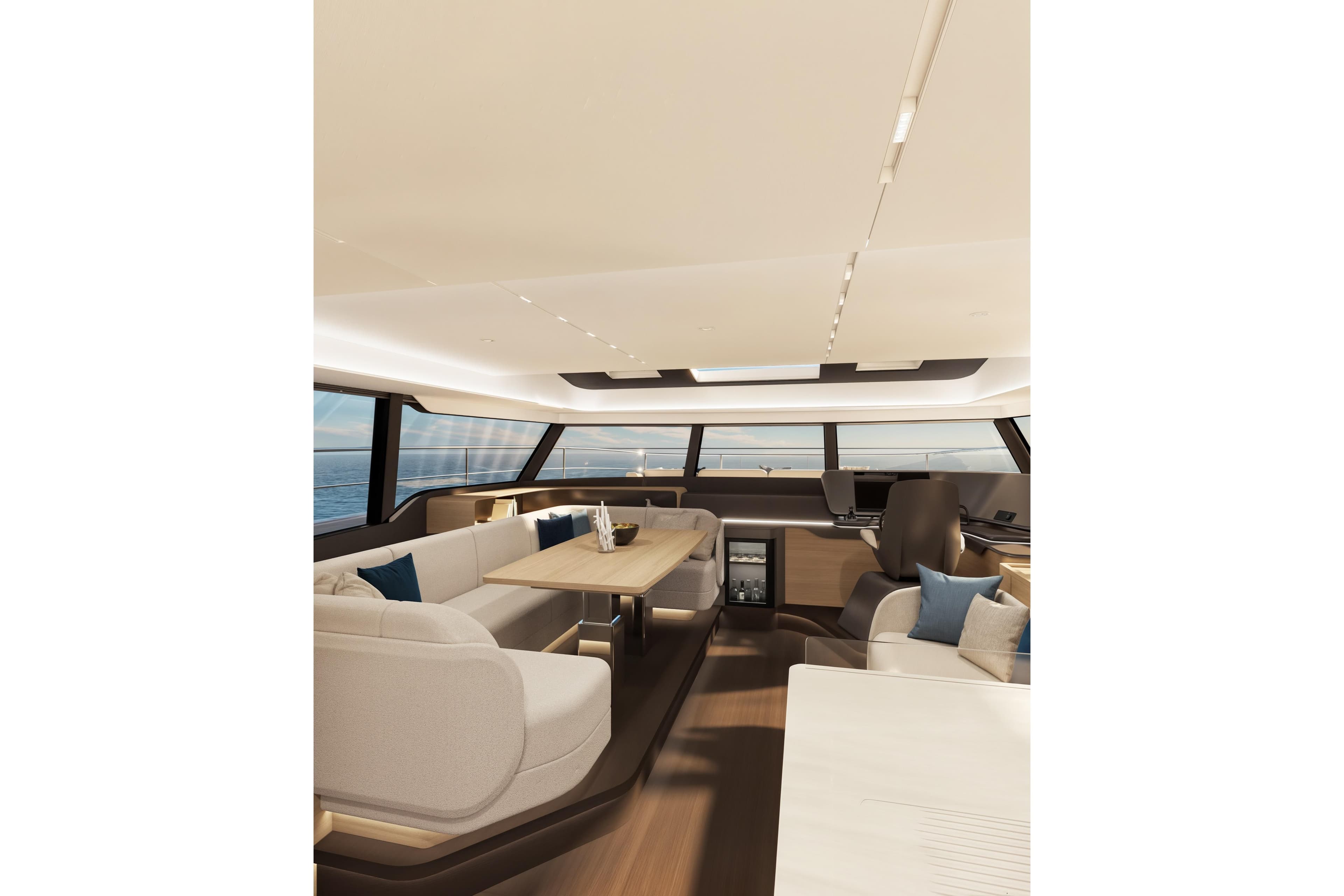 Luxurious interior of 2026 Veya 53 yacht with modern seating and panoramic windows.