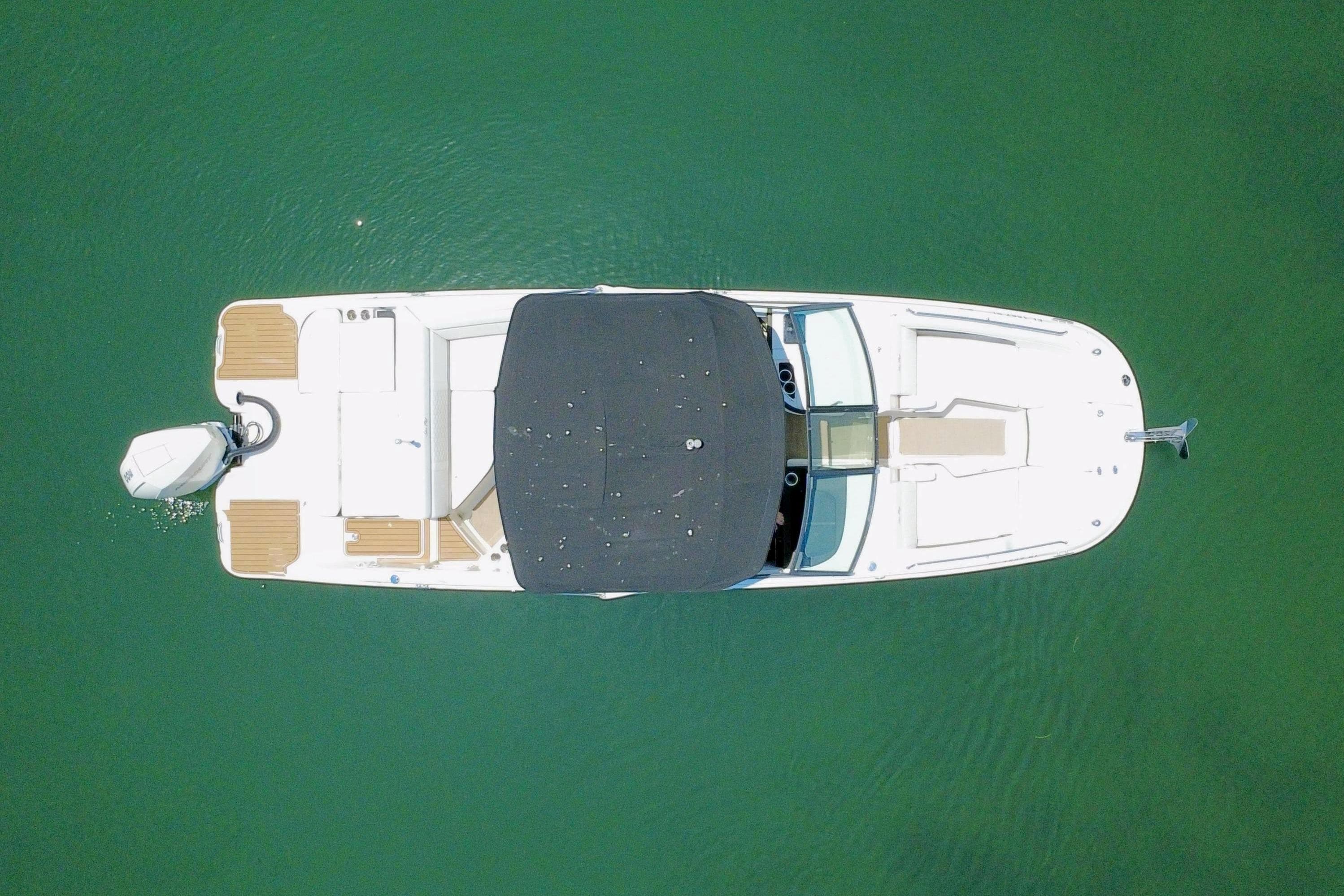 Aerial view of 2019 Sea Ray SDX 270 Outboard on green water.