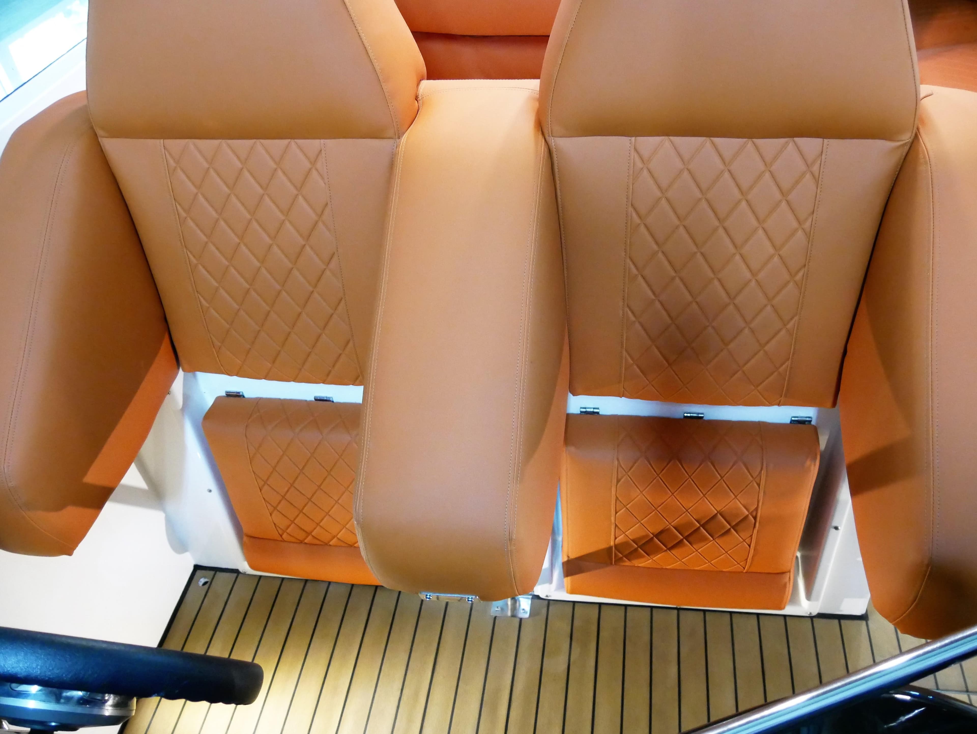 Luxurious leather seats on a 1991 Sunseeker Thunderhawk 43 yacht.