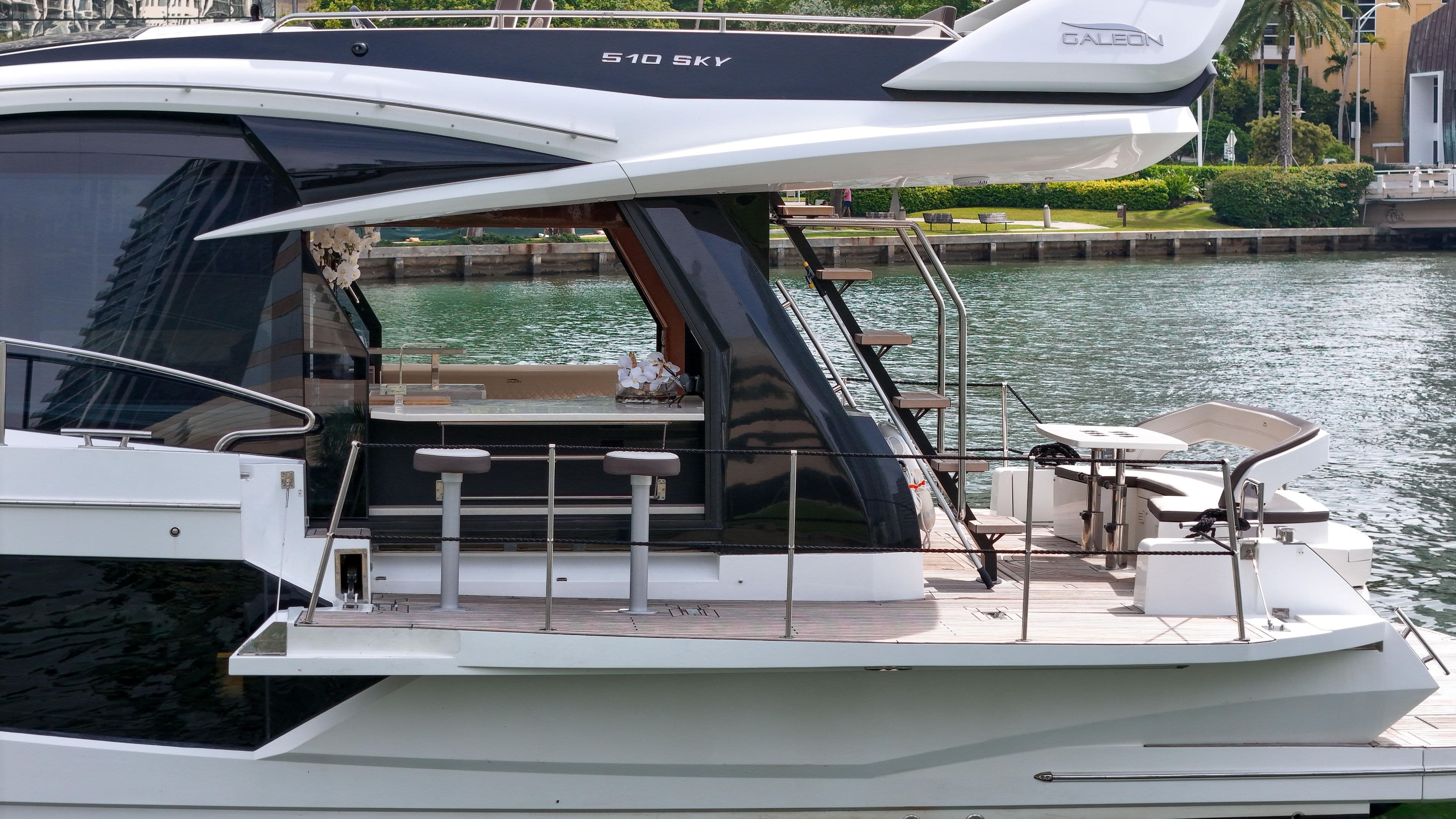 Luxury yacht Galeon 510 Sky 2020 by the water, modern design.