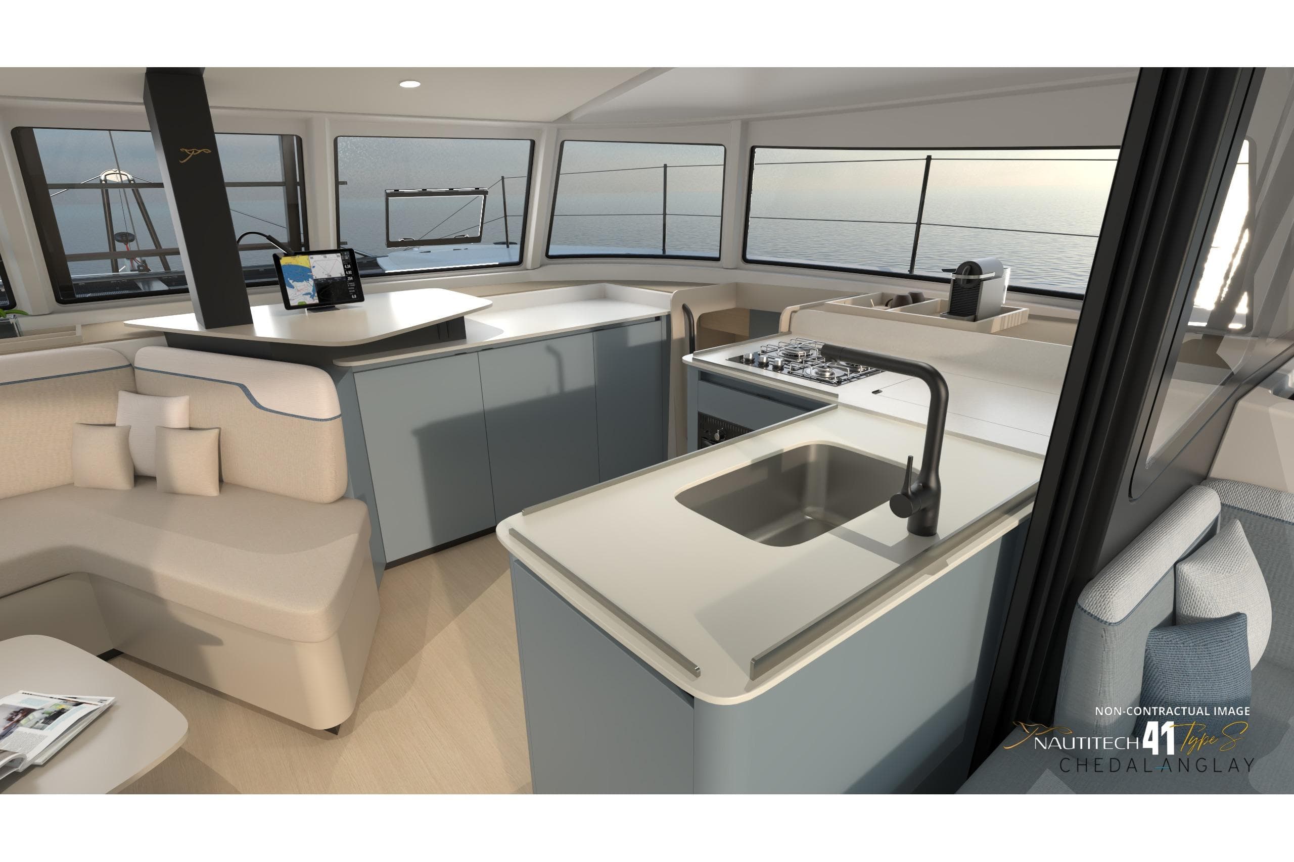 Interior of Nautitech 41 Type S 2026 with modern kitchen and seating area.