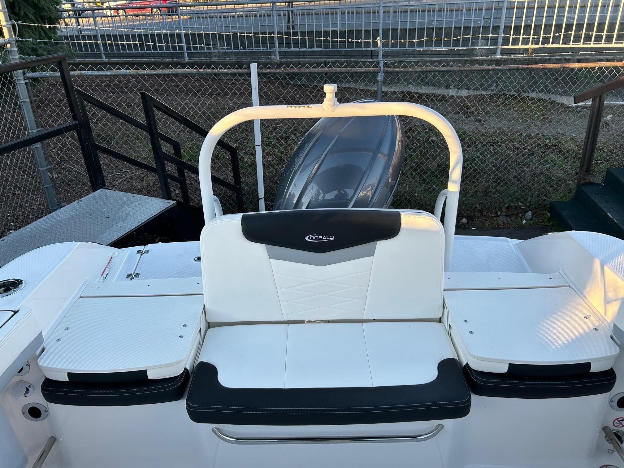2026 Robalo R207 Dual Console boat with sleek seating and modern design.