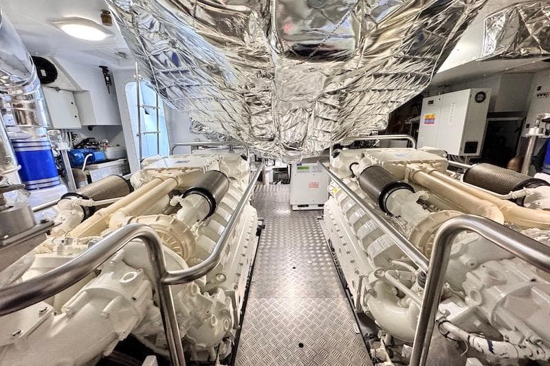 Engine room of 2026 Azimut Grande Magellano 25 Metri yacht, featuring dual engines.