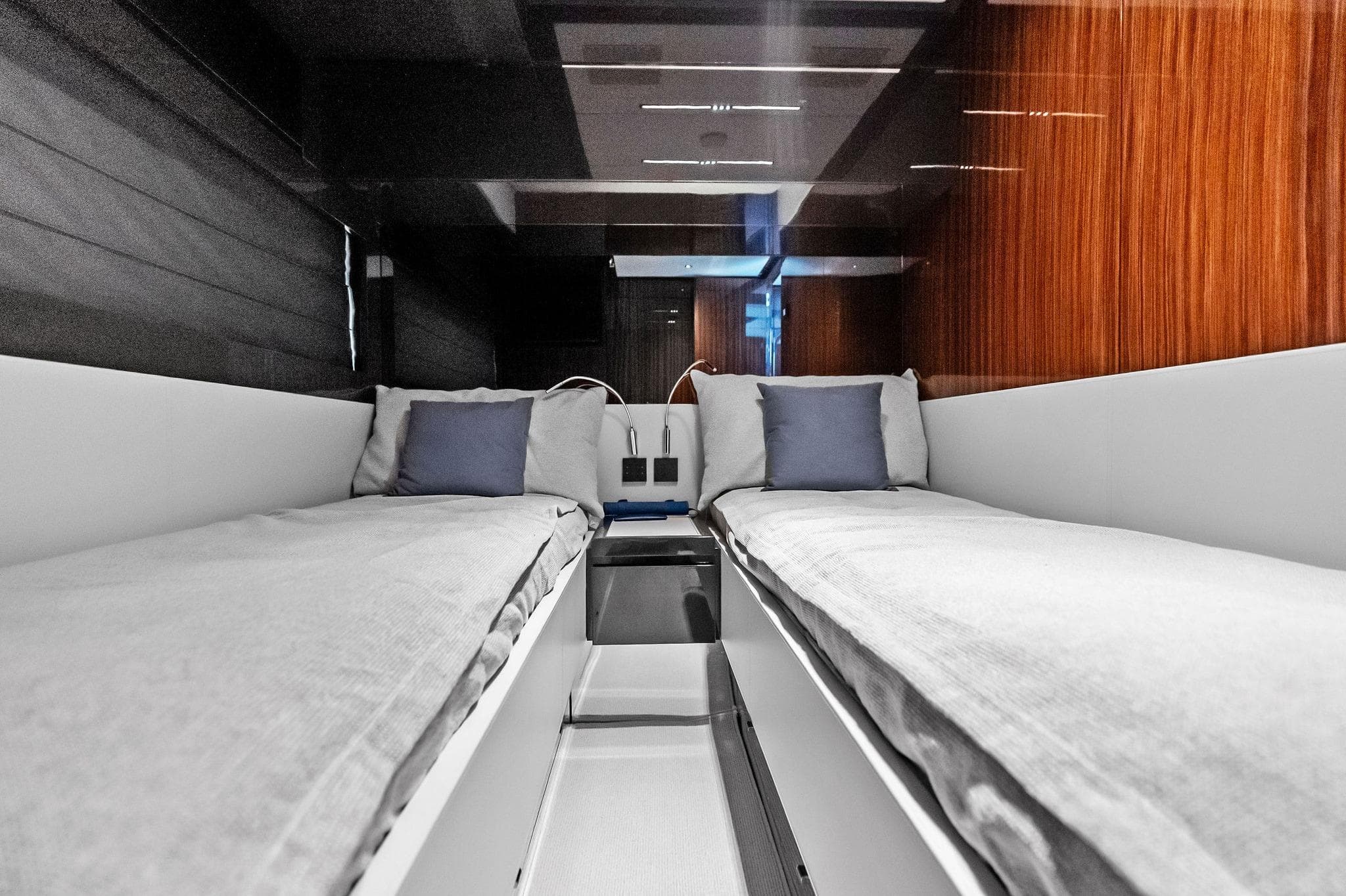Luxurious cabin interior of 2023 Riva 76 PERSEO Super yacht with twin beds.