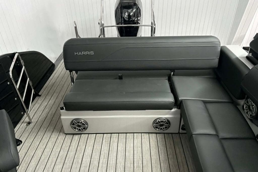 2026 Harris Grand Mariner 250 boat interior with sleek seating and integrated speakers.
