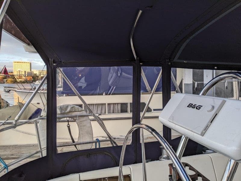 Cockpit view of 1990 Jeanneau Sun Magic 44 sailboat with B&G navigation system.