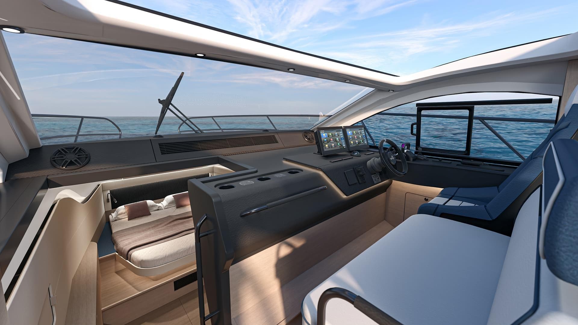 Interior of 2026 Beneteau Gran Turismo 40 yacht, featuring modern cockpit and luxurious seating.