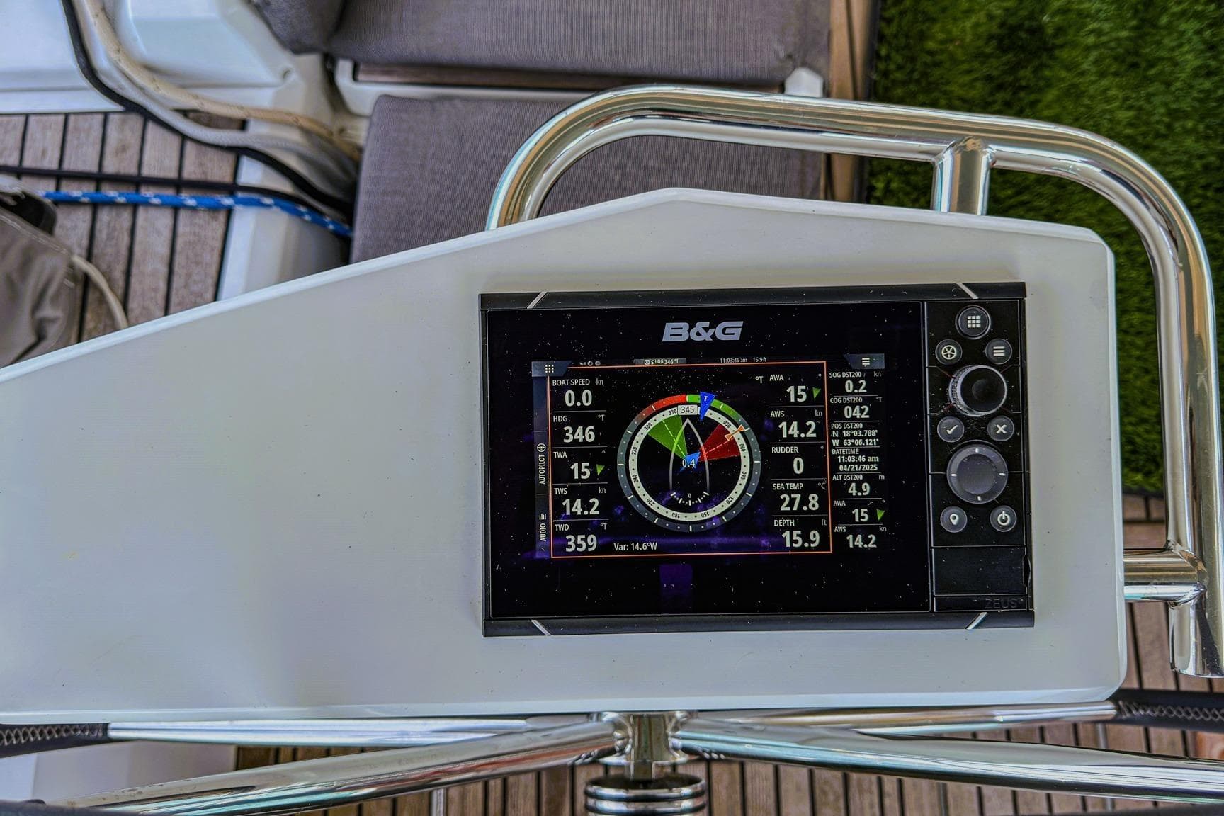 B&G navigation display on 2020 Beneteau Oceanis 46.1 yacht, showing sailing metrics.