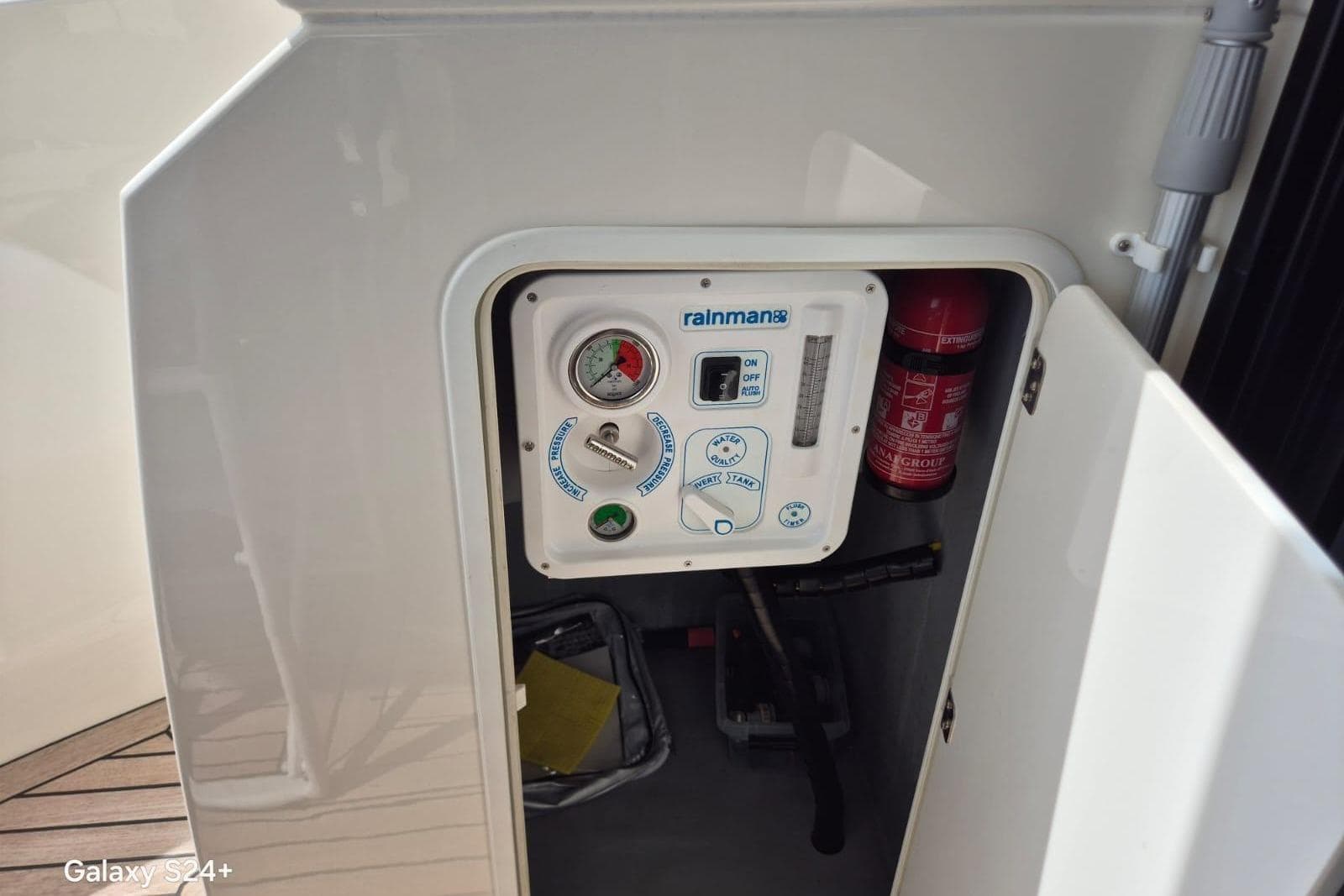 Control panel and fire extinguisher on 2018 Absolute 52 FLY yacht.